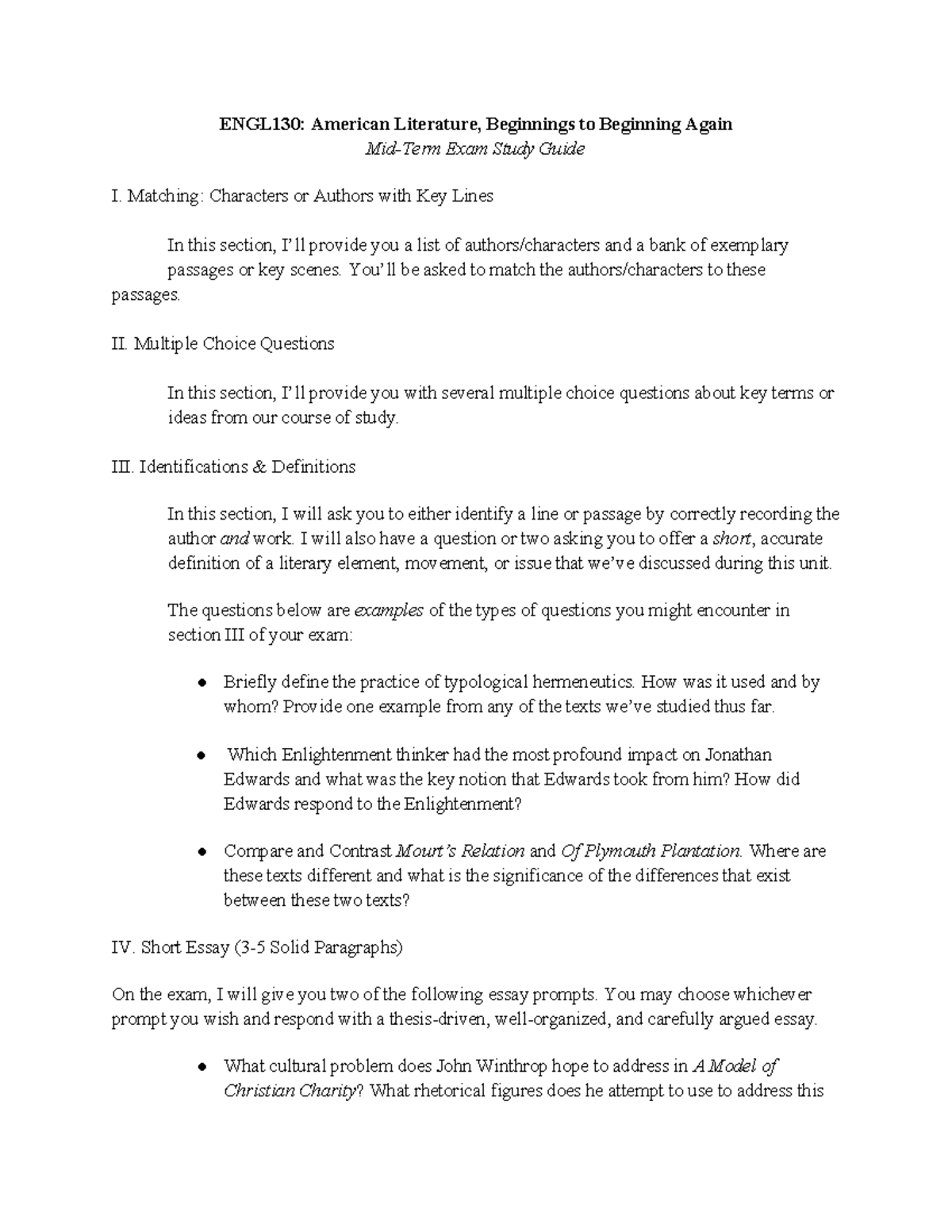 ENGL130: American Literature Mid-Term Exam Study Guide I & II - Studocu