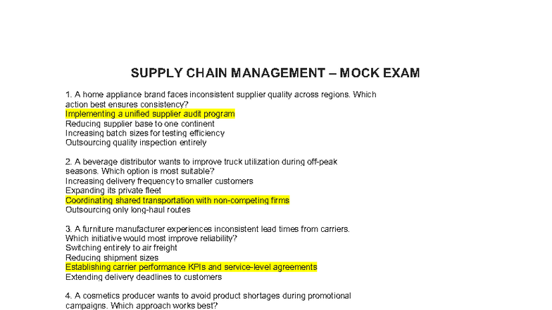 SCM 101 Mock Final Exam Answers: Supply Chain Challenges & Solutions ...