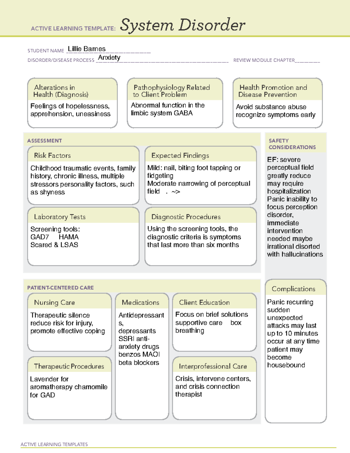 ACTIVE LEARNING TEMPLATE: Anxiety Disorder Overview and Care - Studocu
