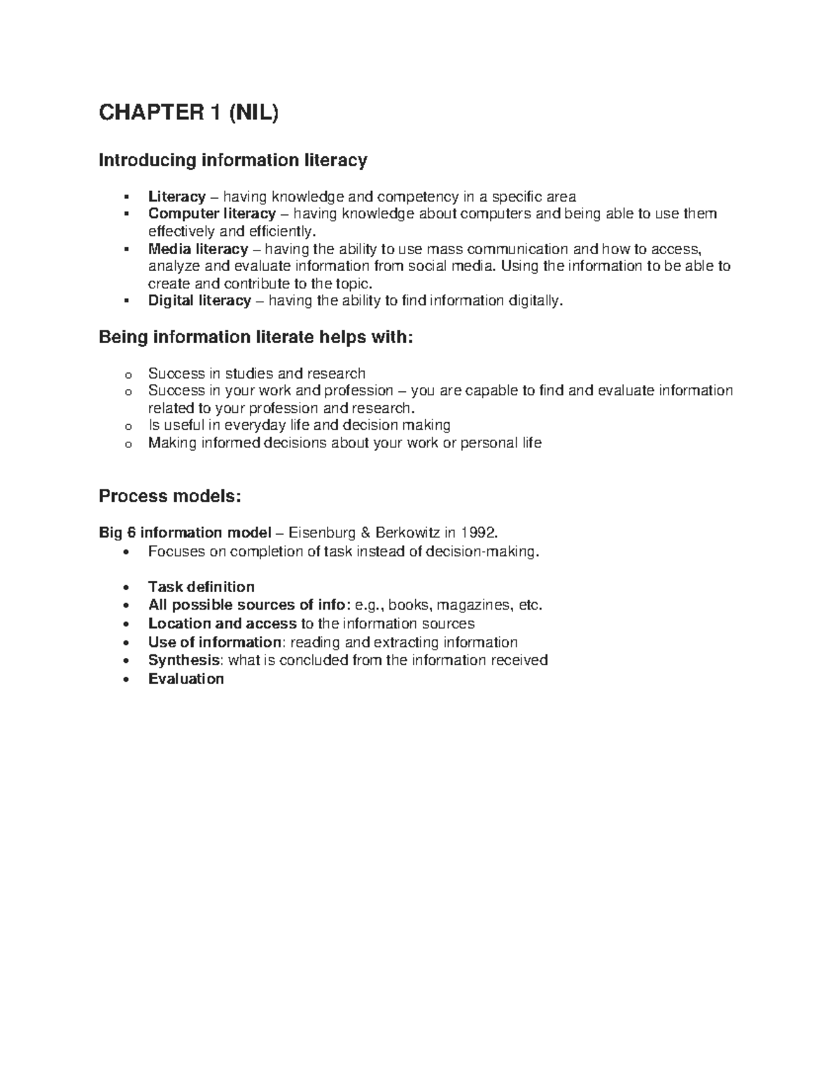 AIM 111 - NIL - Chapter Summaries on Information Literacy and ...