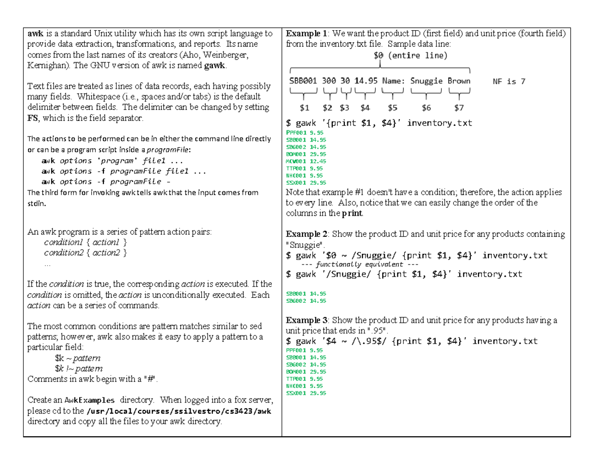 Awk Programming Guide for Inventory Analysis (CS3423) - Studocu