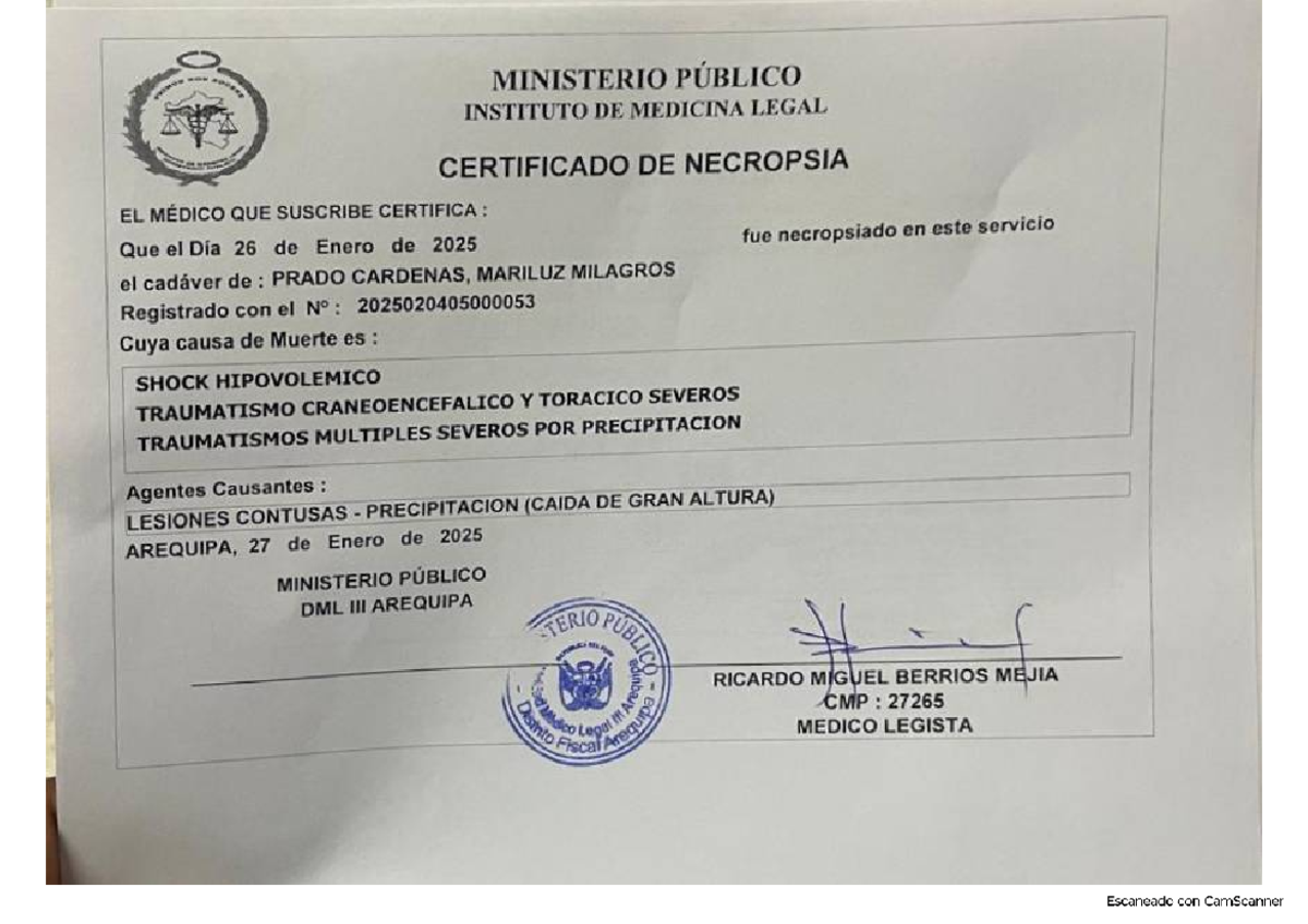 Certificado de Necropsia y Atestado Policial de Mariluz PRADO CARDENAS - Document Preview