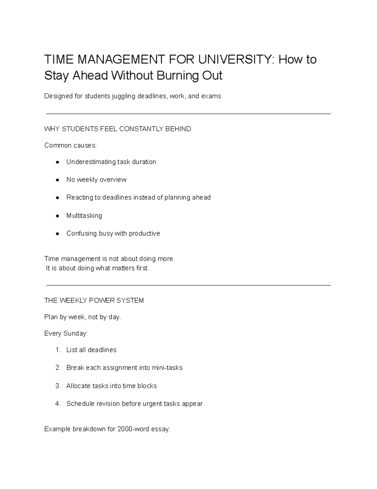 TIME MANAGEMENT FOR UNIVERSITY: Strategies to Avoid Burnout - Studocu