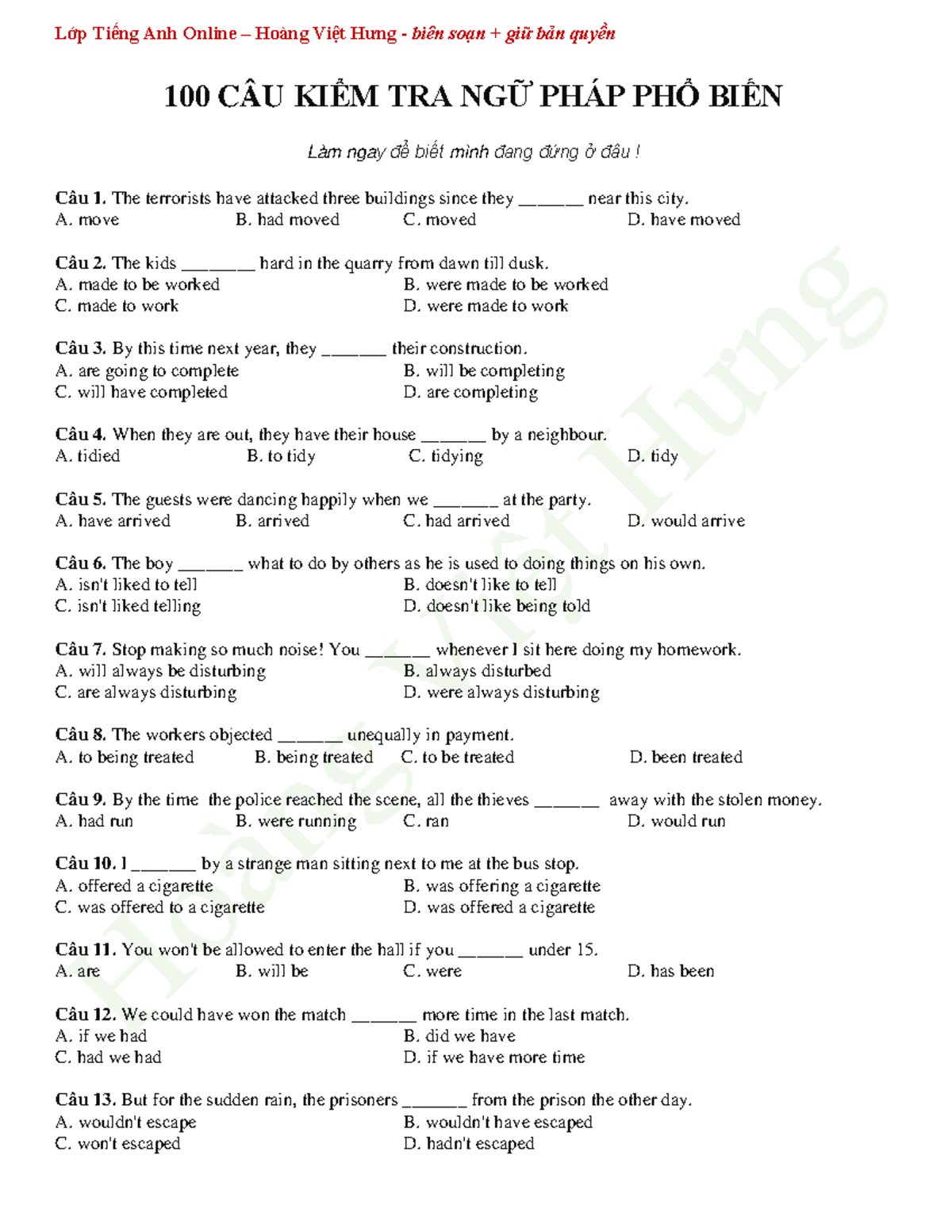 BÀI TẬP NGỮ PHÁP TIẾNG ANH TỔNG HỢP DƯỚI DẠNG FILE PDF TỪ CƠ BẢN ĐẾN NÂNG CAO