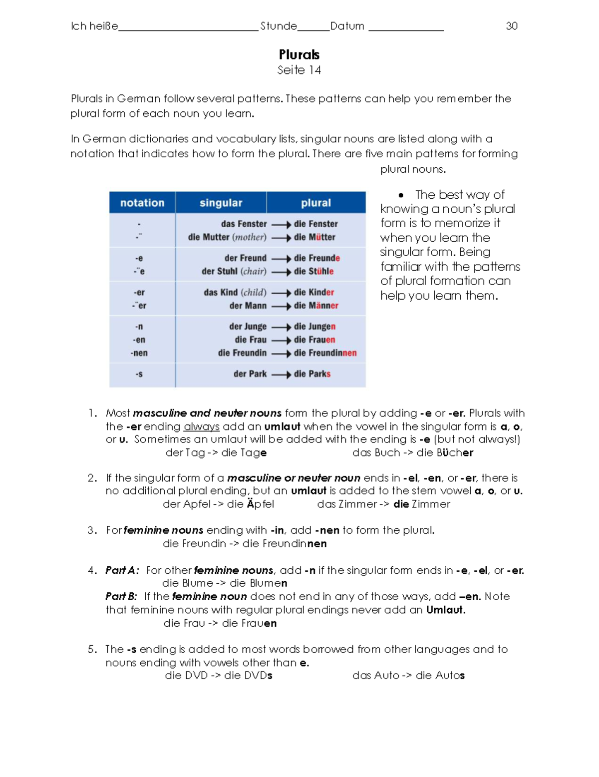 1A Plurals - Patterns and Rules for German Nouns - Studocu