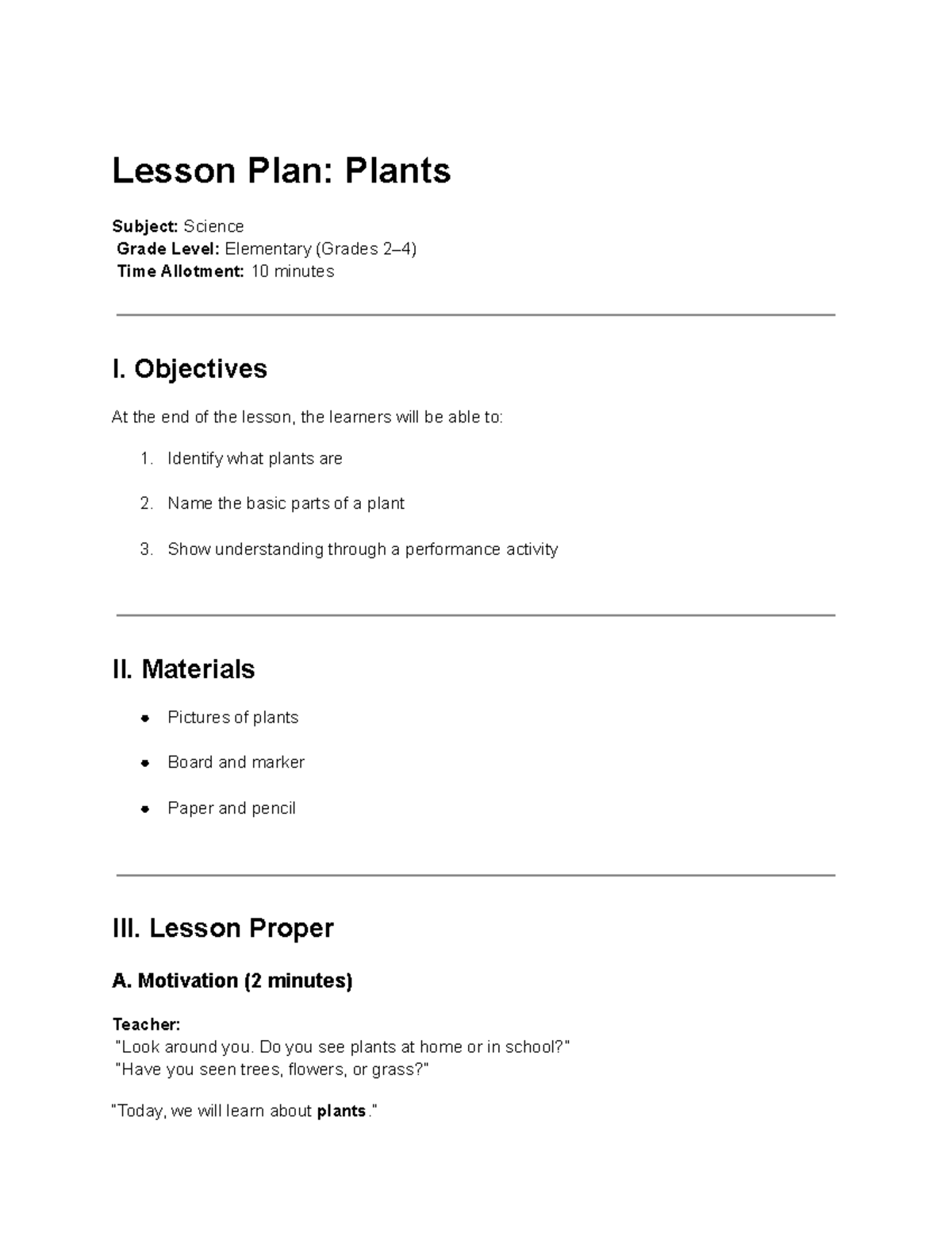 Lesson Plan: Understanding Plants - Grade Level: Elementary - Studocu