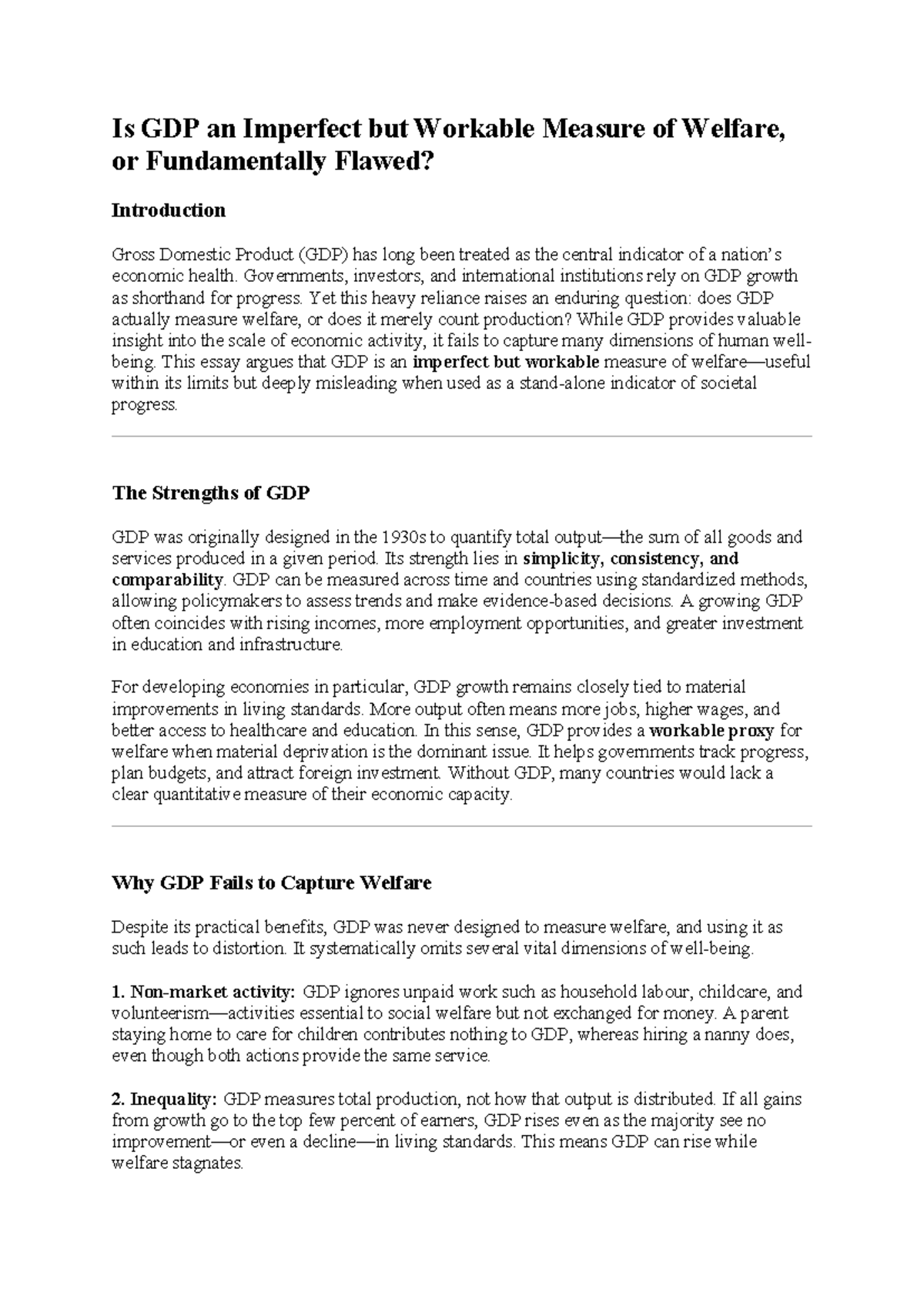 GDP as a Workable but Flawed Measure of Welfare: An Analysis - Studocu