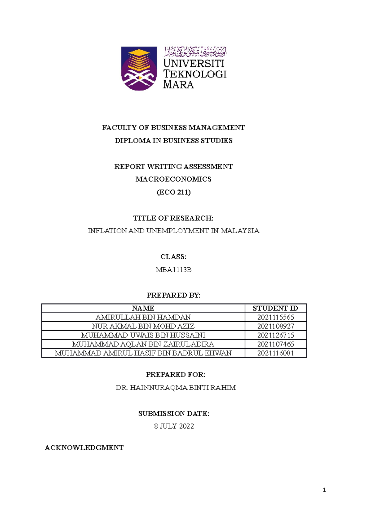 Inflation and Unemployment Challenges in Malaysia: A Group Report for ...