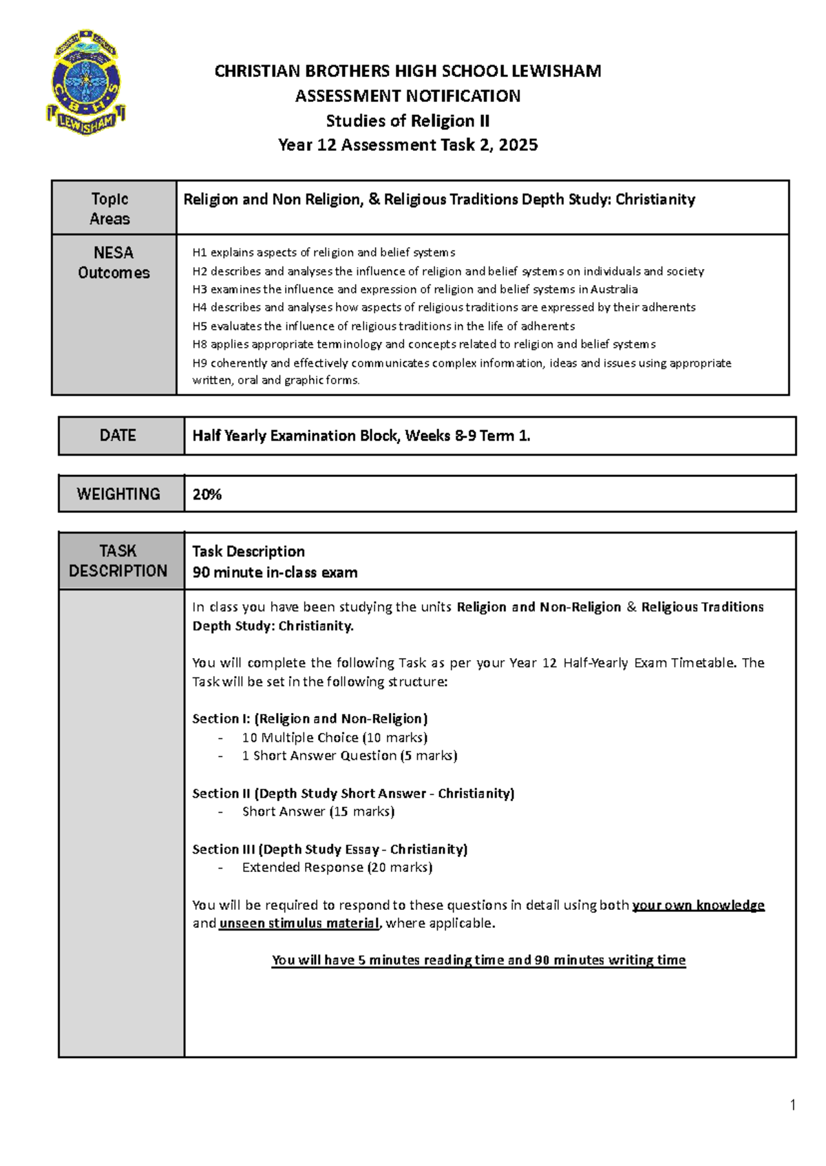 2025 SOR II Year 12 Assessment Task 2: Exam Notification - Studocu