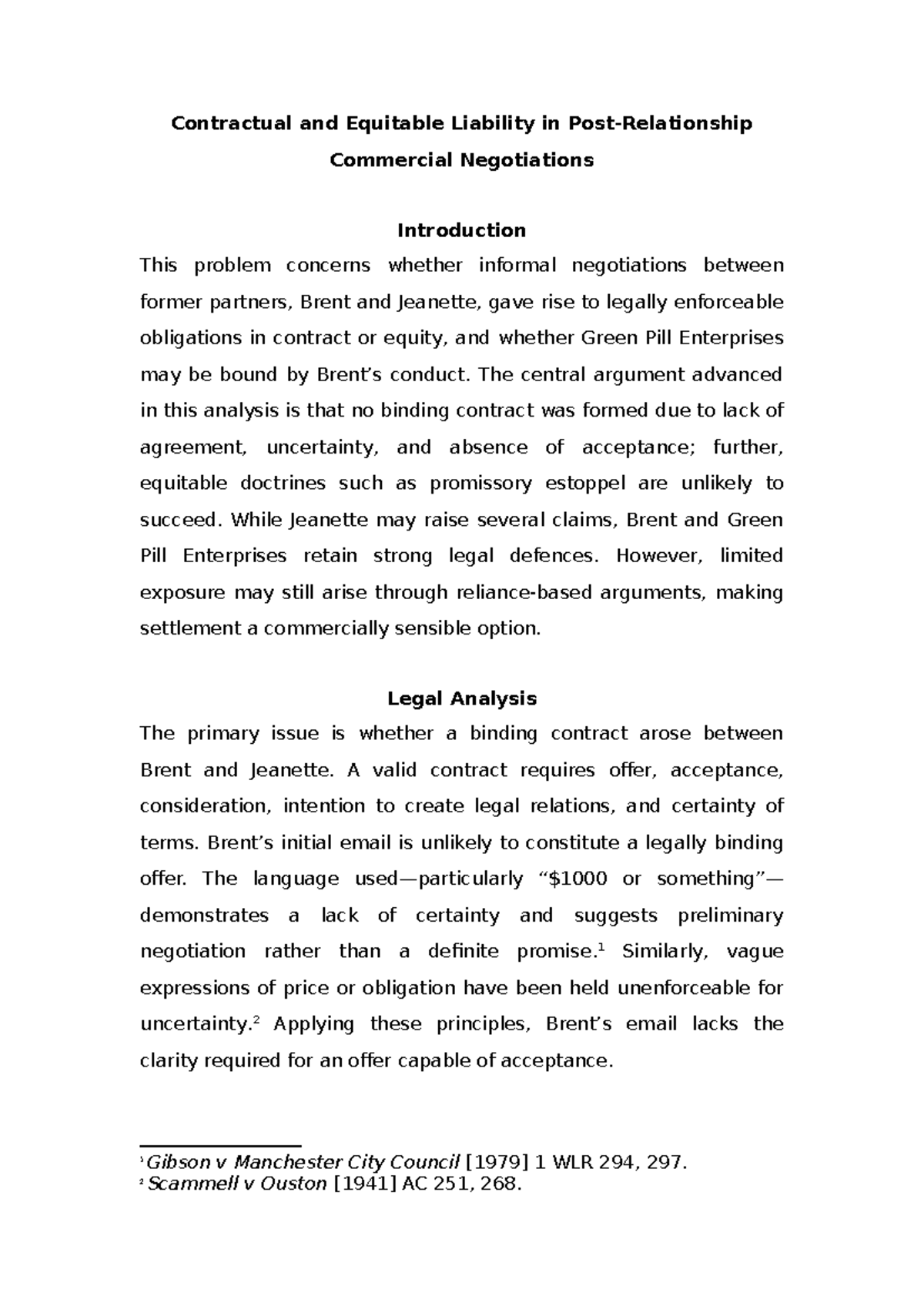 Contractual and Equitable Liability Analysis in Commercial Negotiations ...