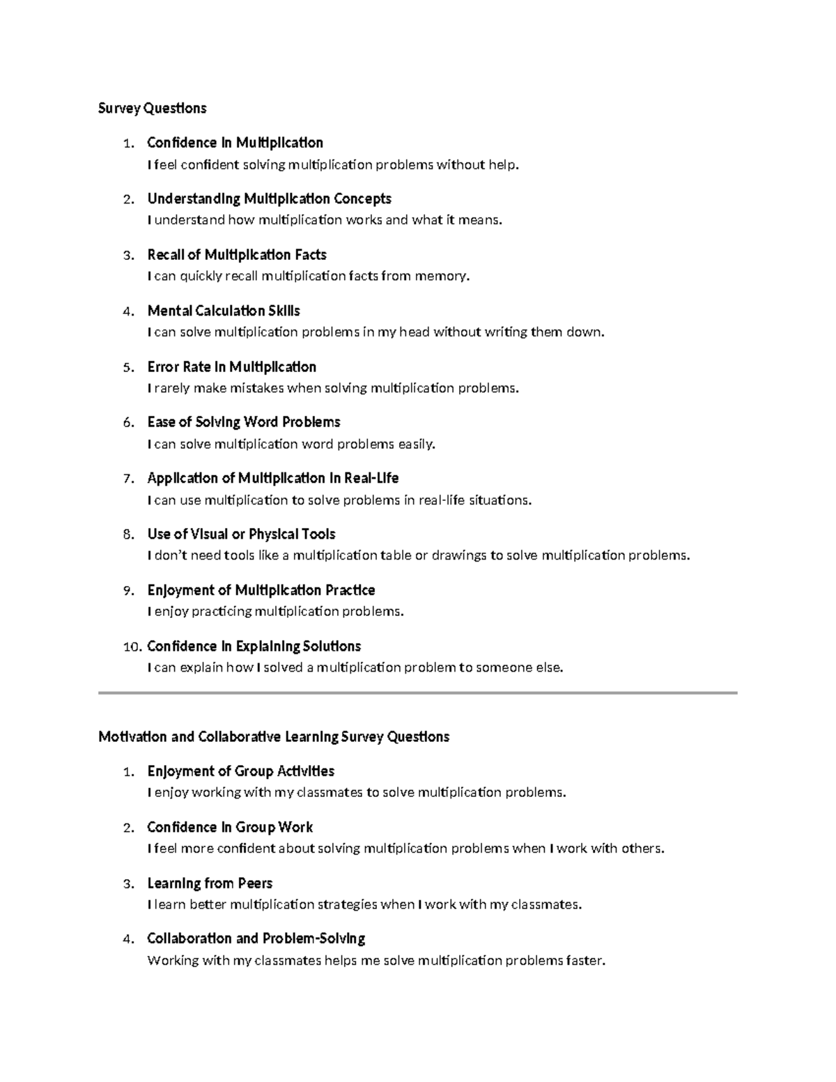 Procedural Fluency Survey Questions - Survey Questions 1. Confidence in ...