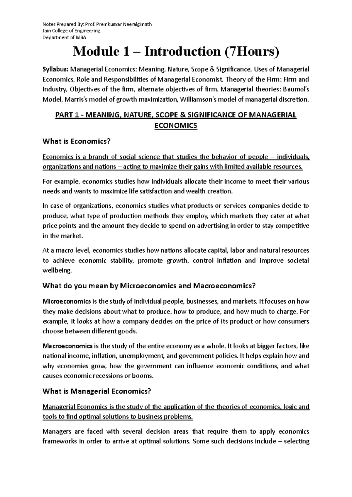 Module 1 - Intro to Managerial Economics (MBA) Lecture Notes by Prof ...