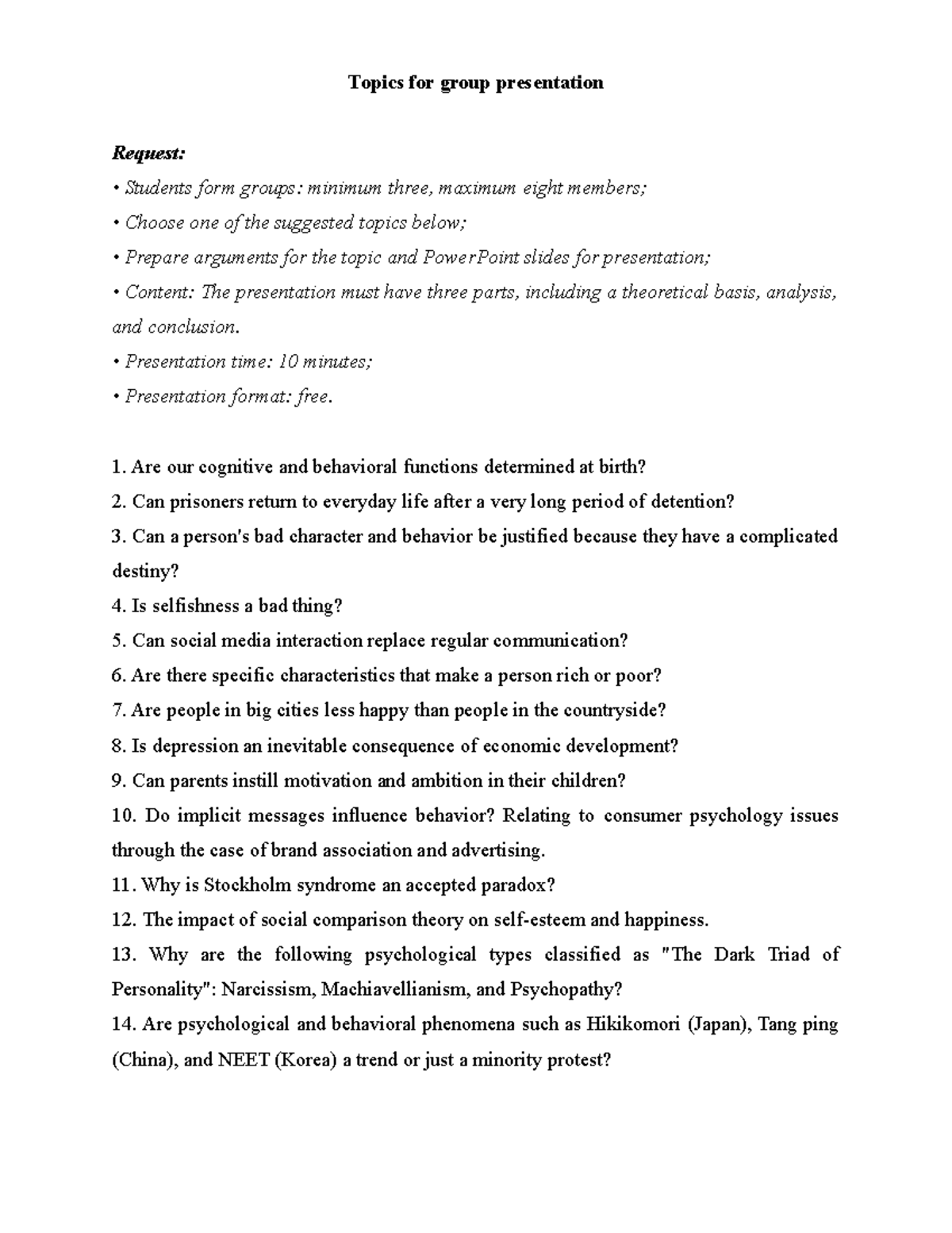 Group Presentation Topics: Exploring Psychological Theories and Issues ...