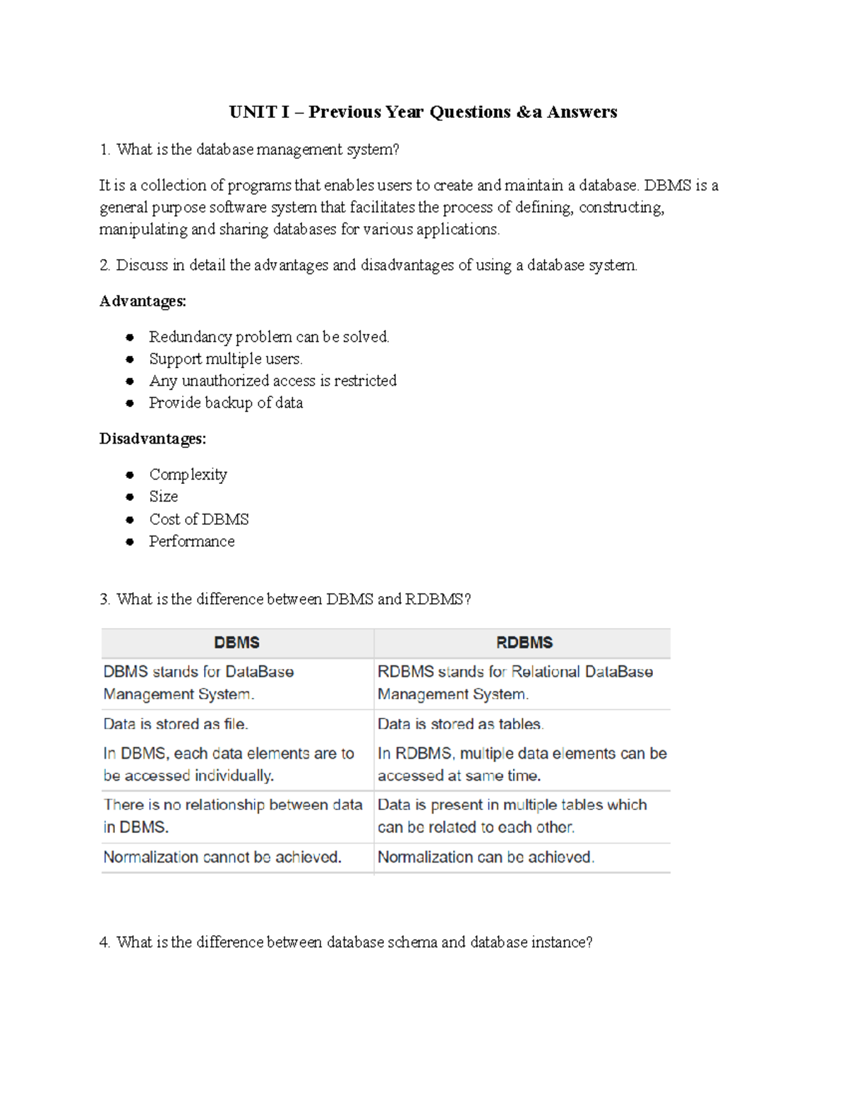 DBMS 101: Unit I Previous Year Questions & Answers Overview - Studocu