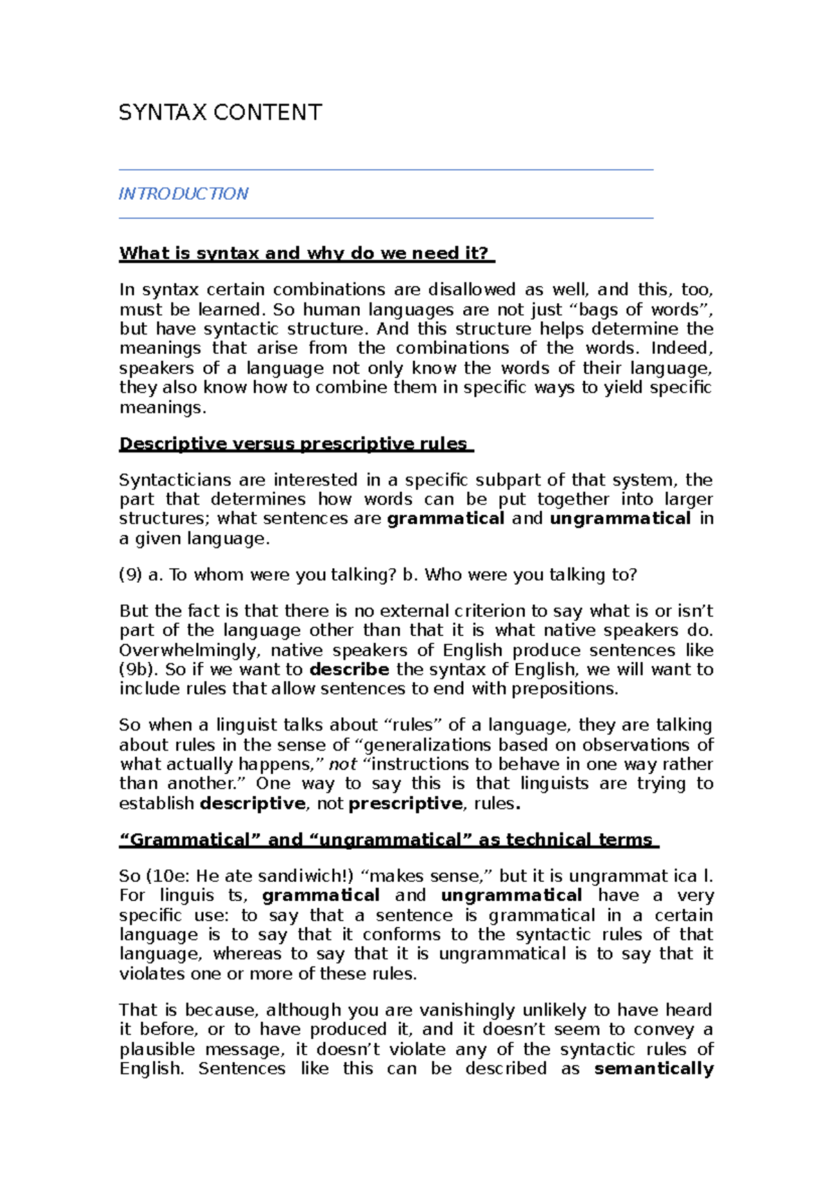 Syntax Content - Lecture Notes 1: Exploring Syntactic Structures and ...