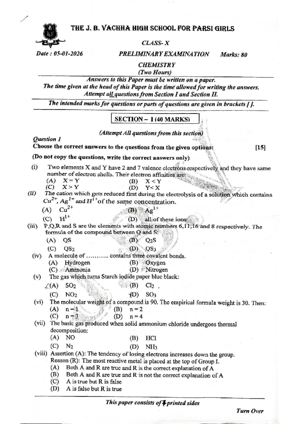 Chemistry Prelim Exam 25-26 JBV: Comprehensive Question Paper - Studocu