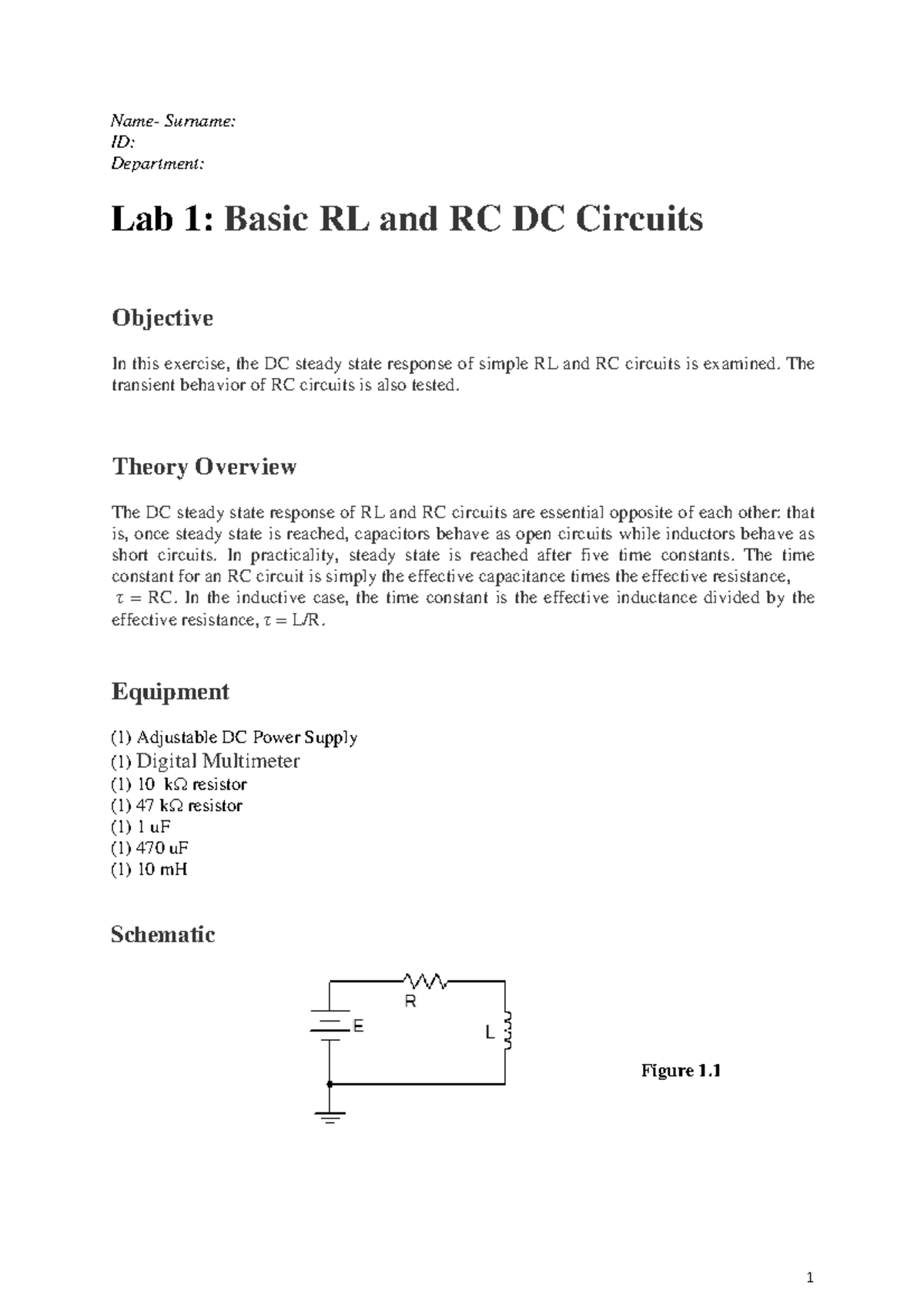 eLEctronics Laboratory - Name- Surname: ID: Department: Lab 1: Basic RL ...