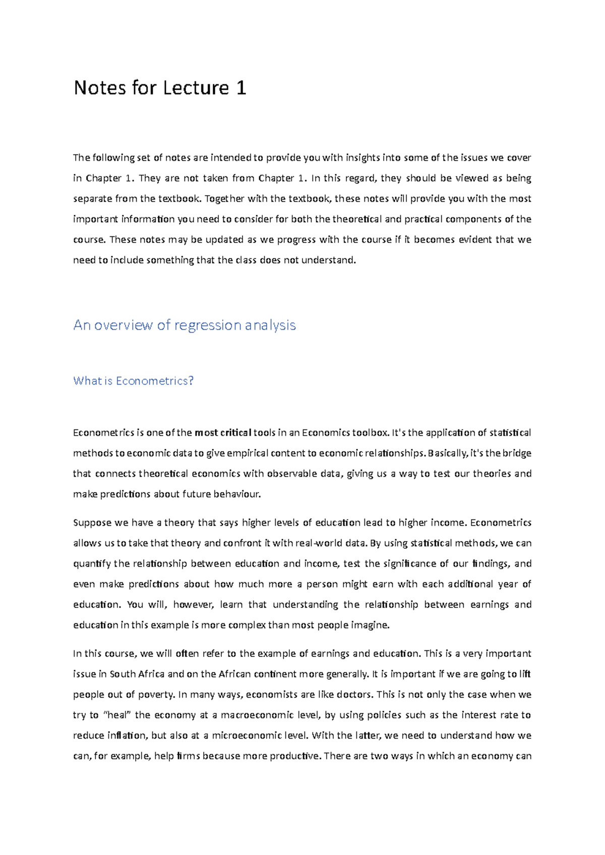 Econometrics Notes: Lecture 1 Overview and Key Concepts - Studocu