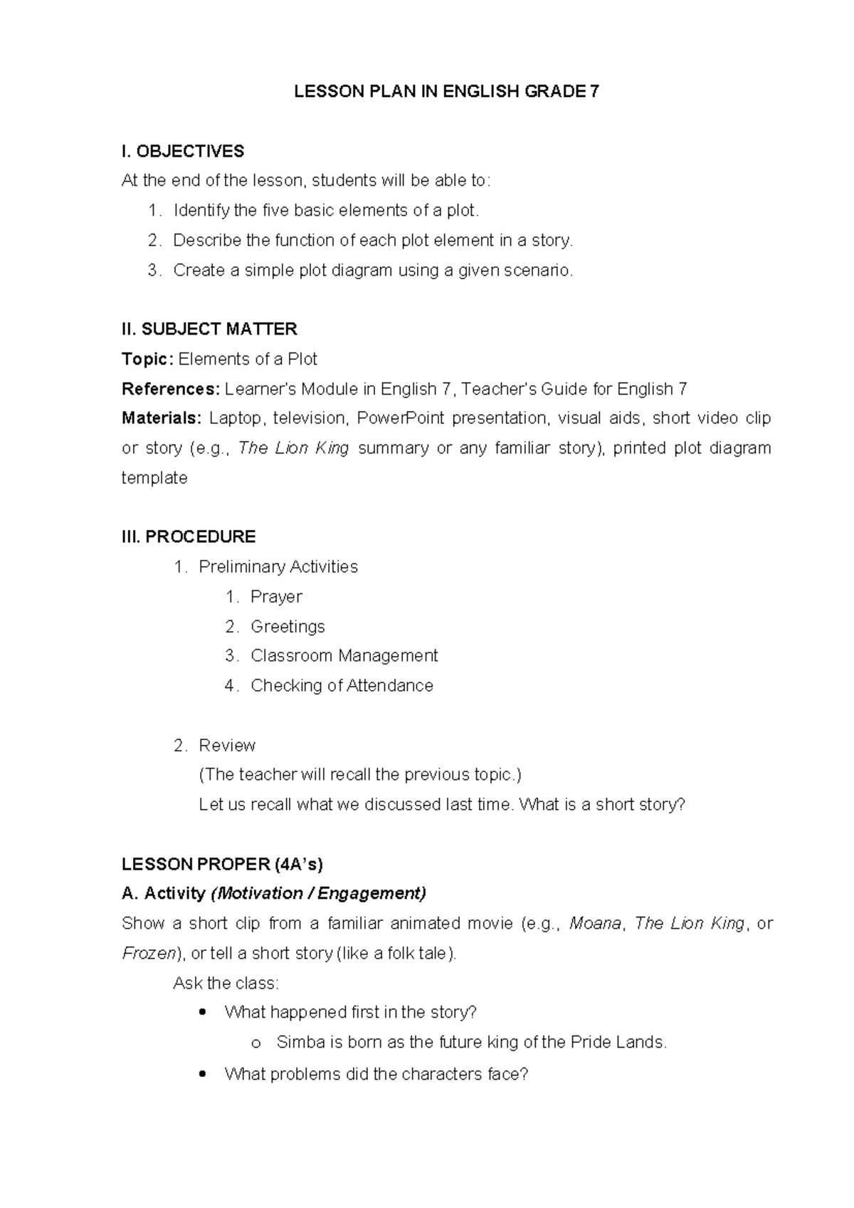 Lesson Plan: Elements of a Plot for English 7 - Studocu