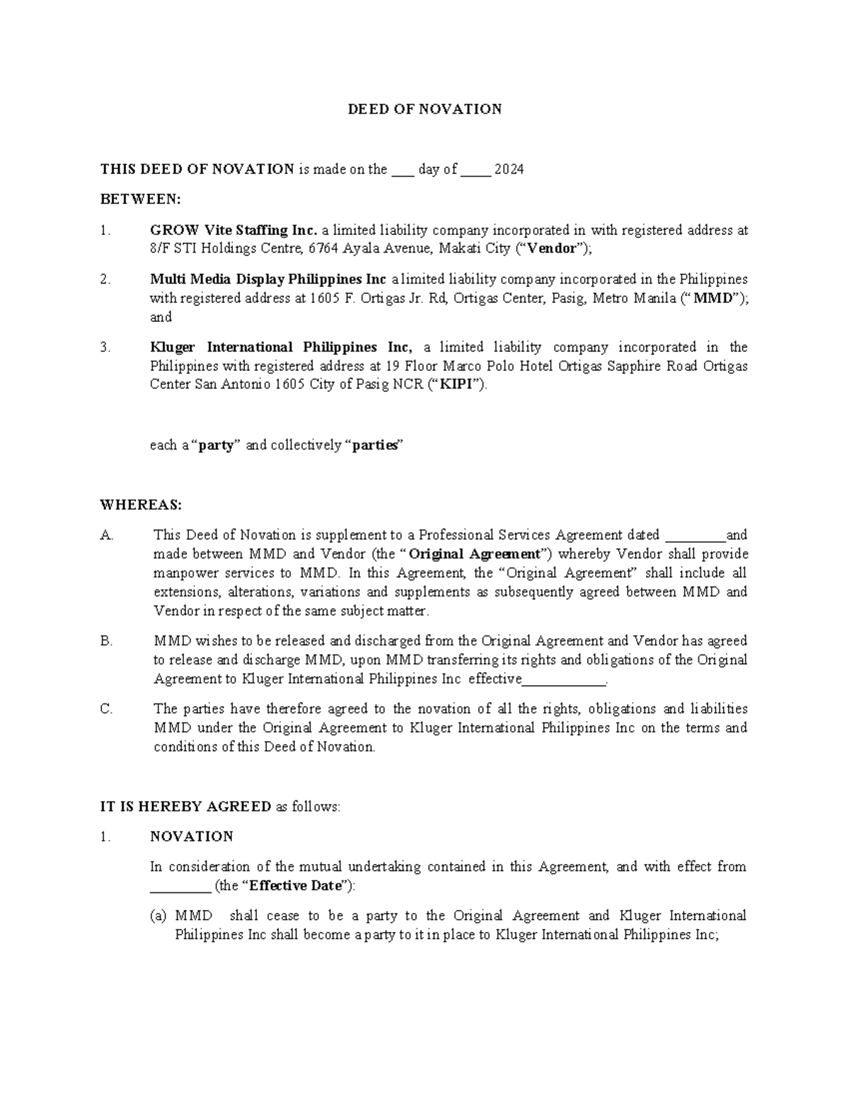 DEED OF NOVATION SAMPLE - GROW VITE STAFFING INC. & MMD - Studocu
