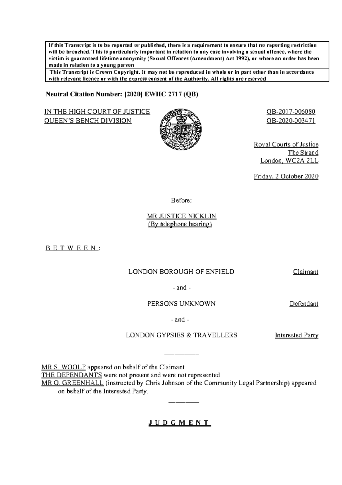 LB Enfield v Persons Unknown: Judgment on Injunction Application - Studocu