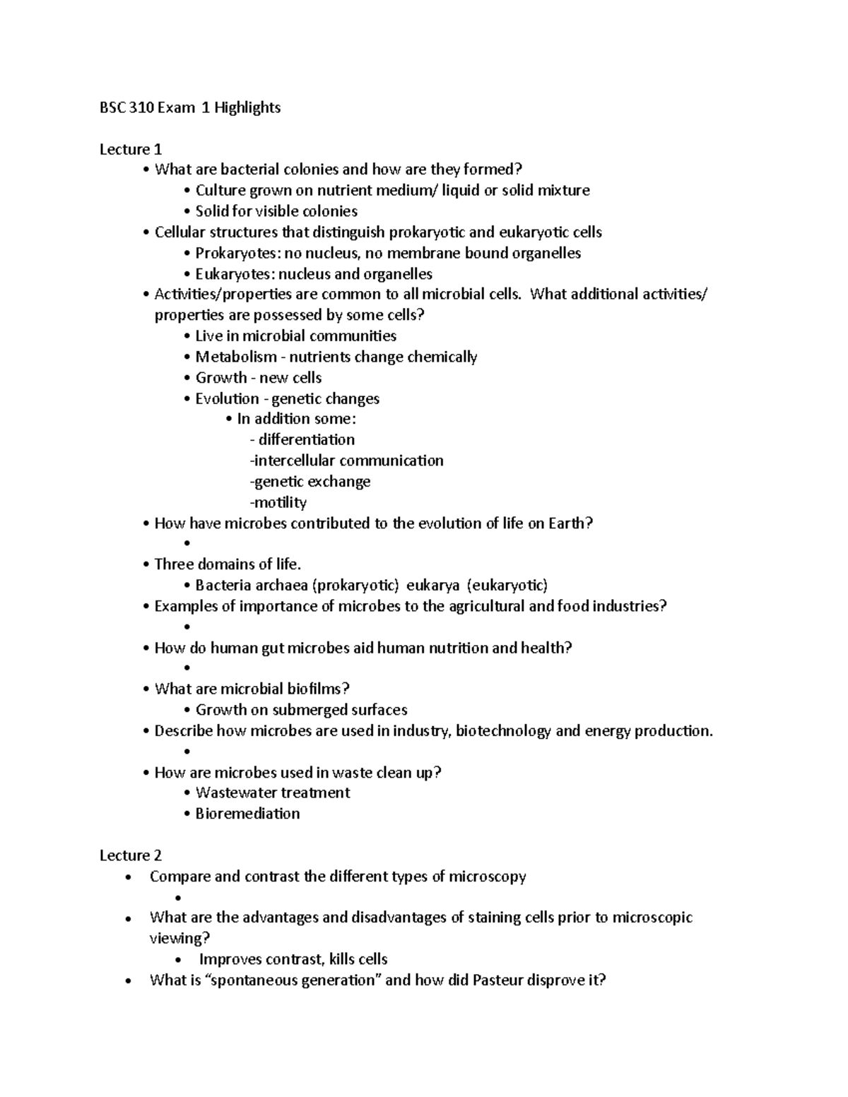BSC 310 Exam 1 Highlights - BSC 310 Exam 1 Highlights Lecture 1 - What ...