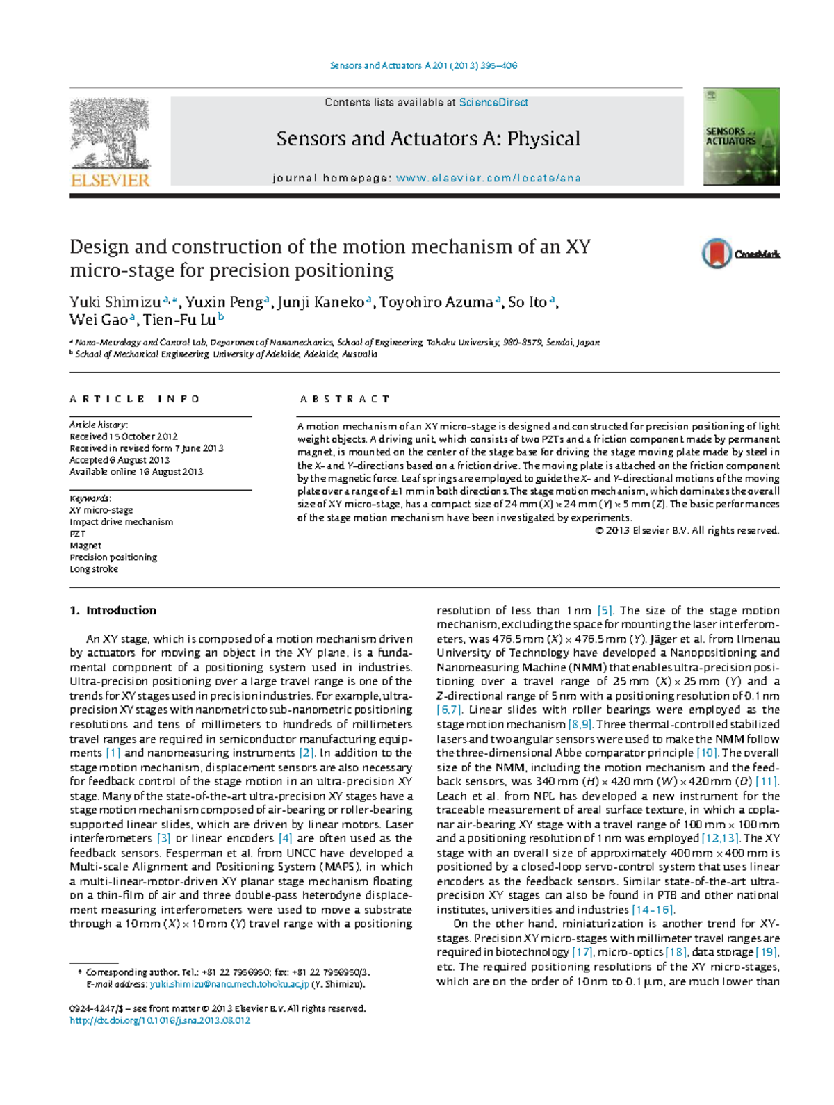 Sensors and Actuators A 201: Design of XY Micro-Stage Motion Mechanism ...