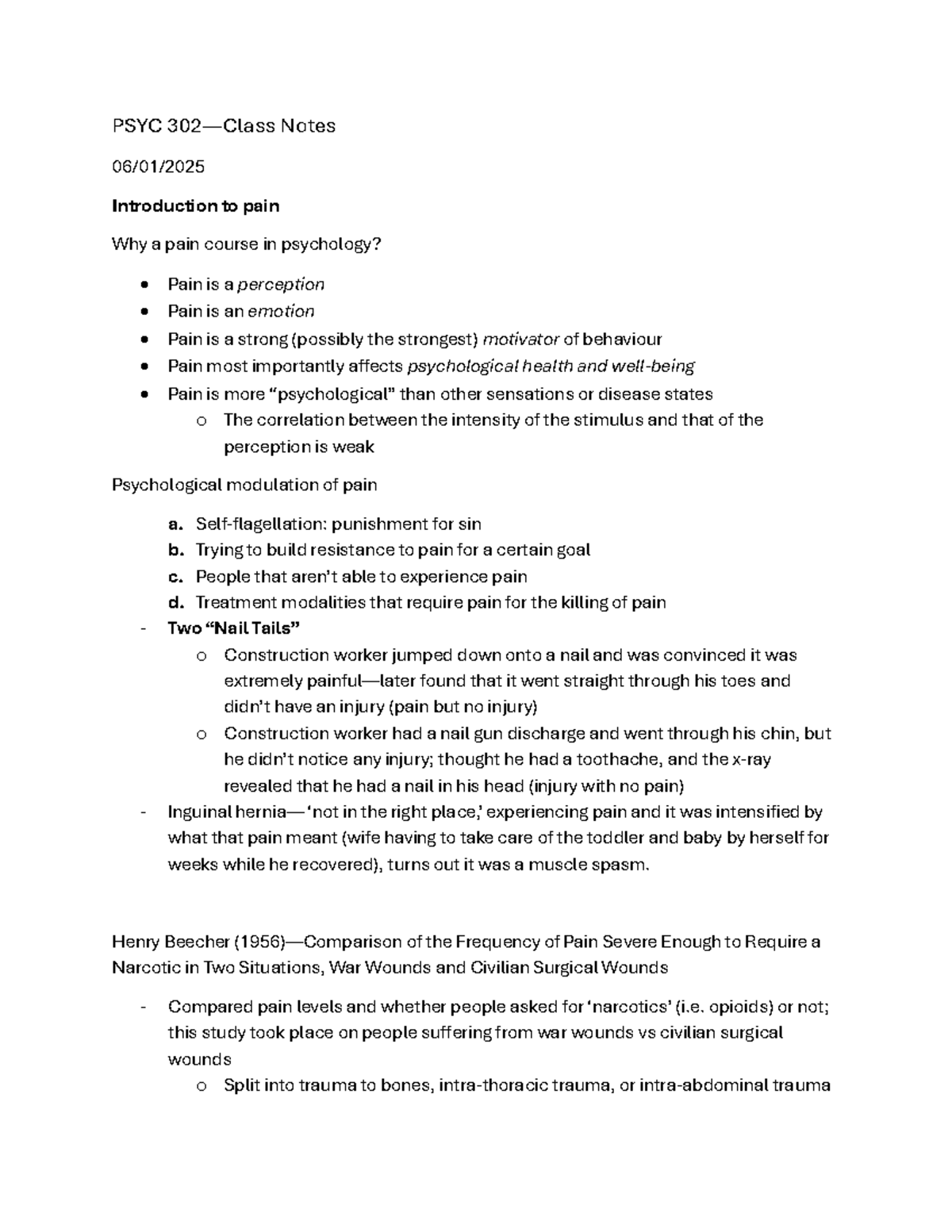 PSYC 302 Midterm 1 Notes: Understanding Pain in Psychology - Studocu