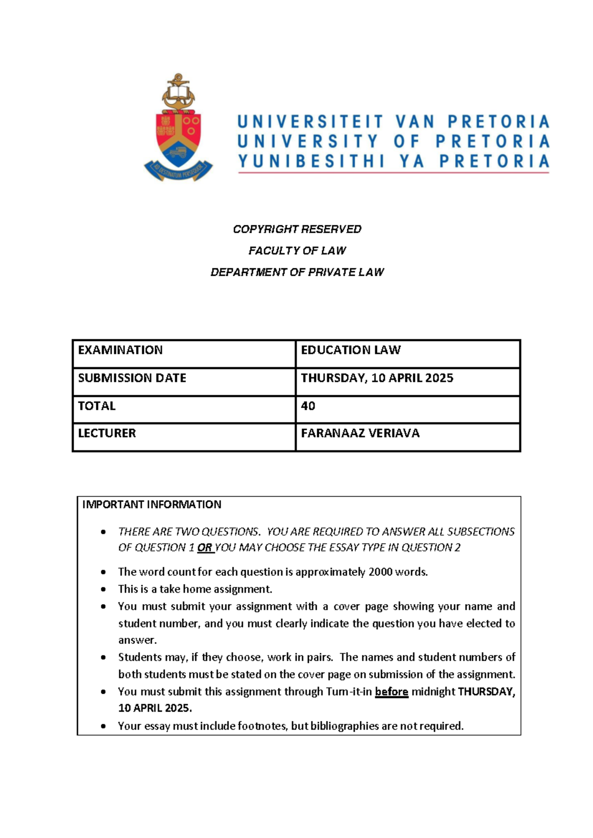 ONR 420 Assignment 2025 - COPYRIGHT RESERVED FACULTY OF LAW DEPARTMENT ...