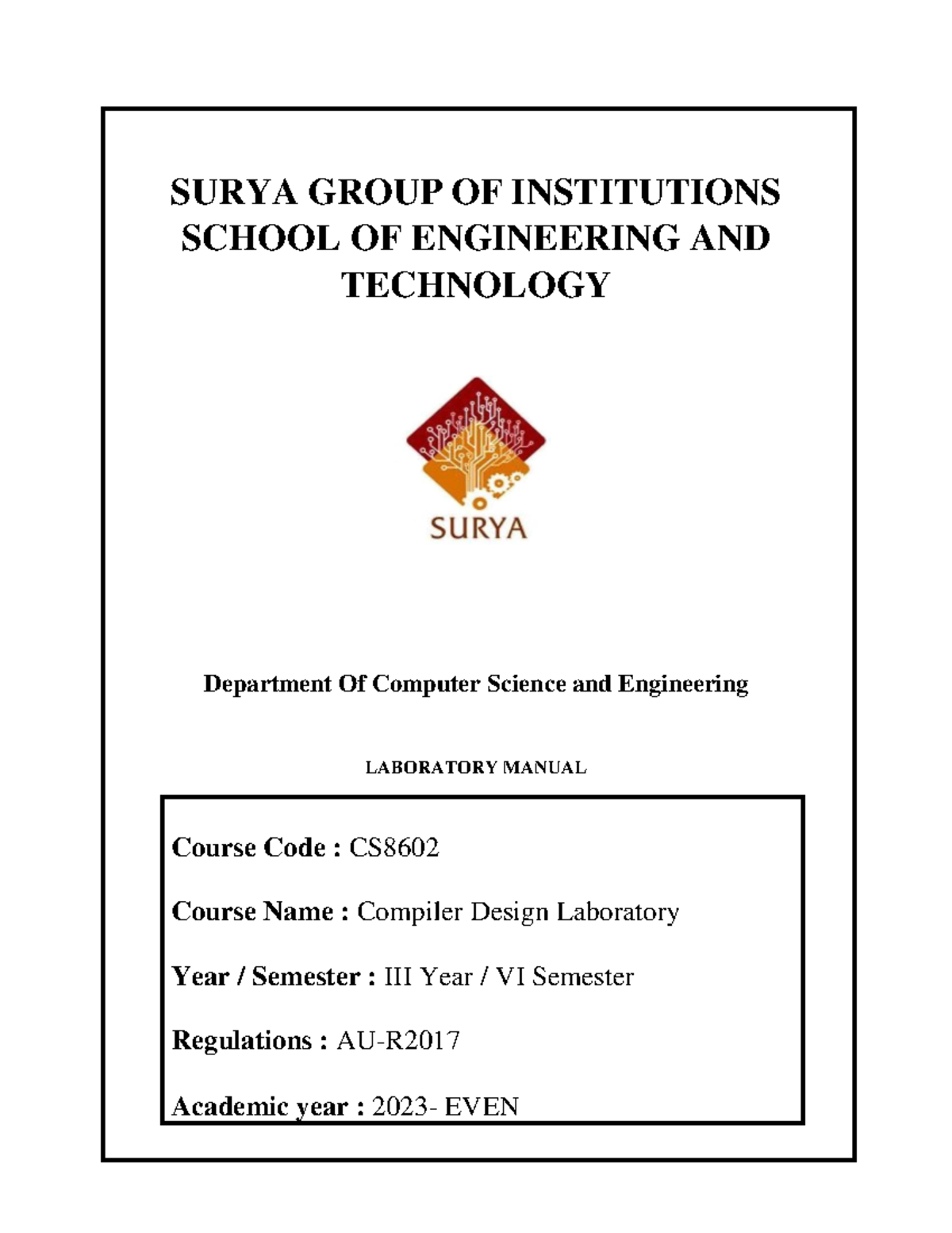 CS8602 Compiler Design Laboratory Manual - Year VI Semester - Studocu