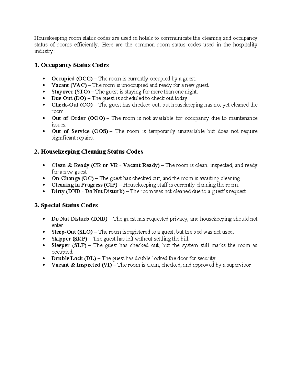 Housekeeping Room Status Codes Overview for Hospitality Management ...