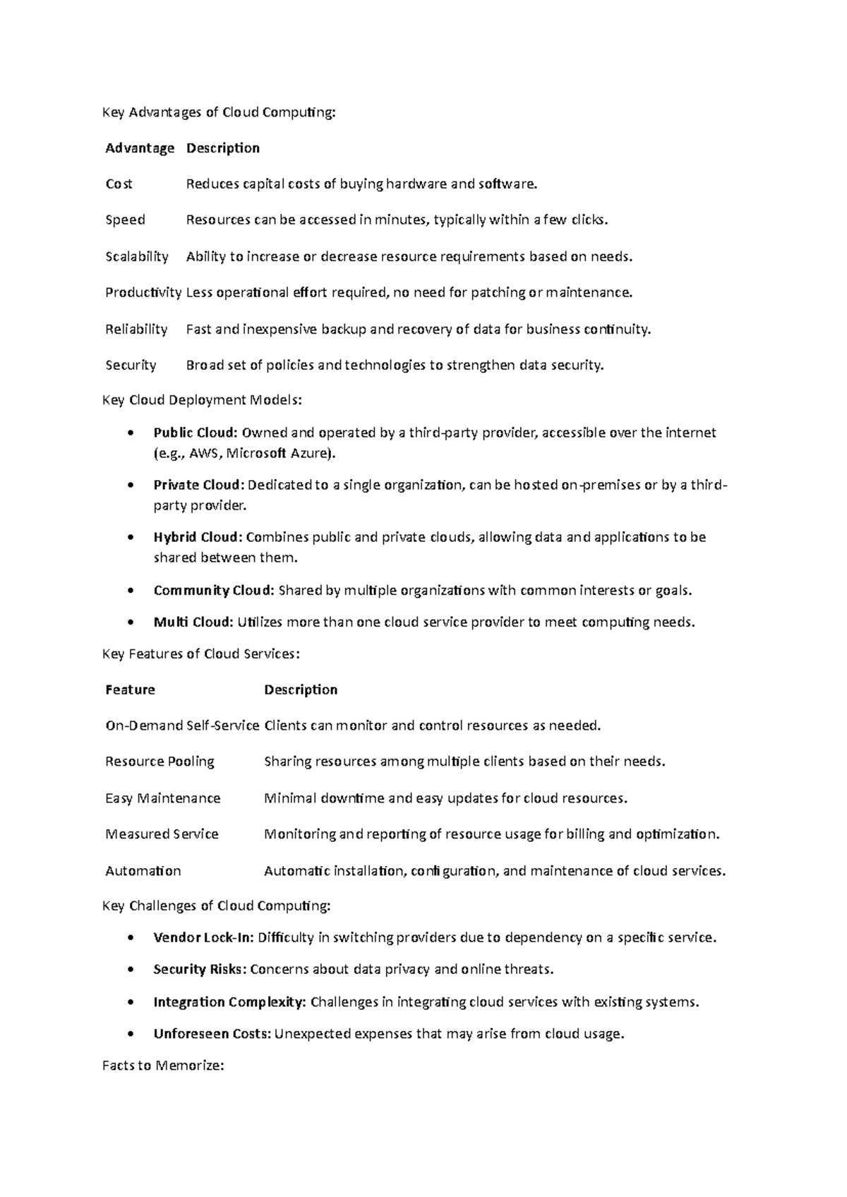 Quick Reference Guide for CC Unit 1: Advantages, Models, and Challenges ...