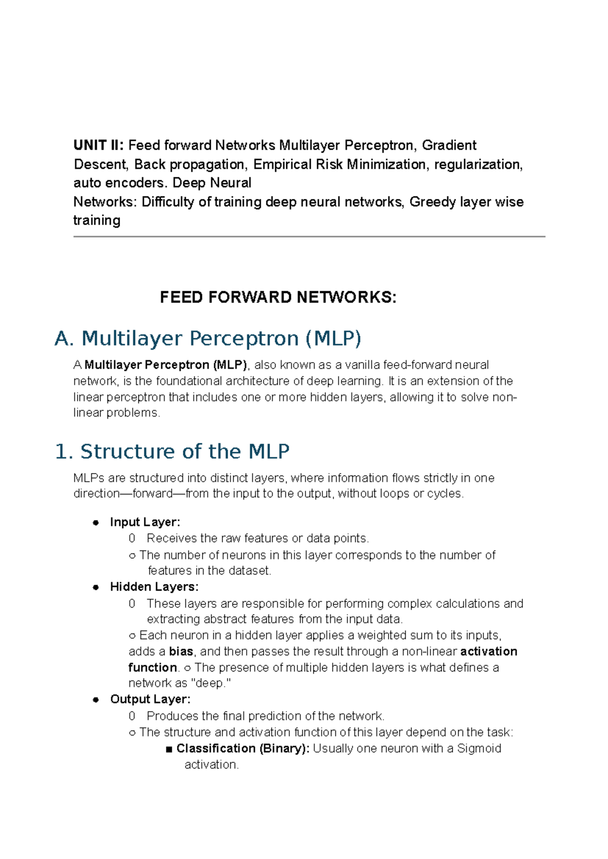 DL UNIT II: Feedforward Networks & Deep Learning Concepts R23 - Studocu