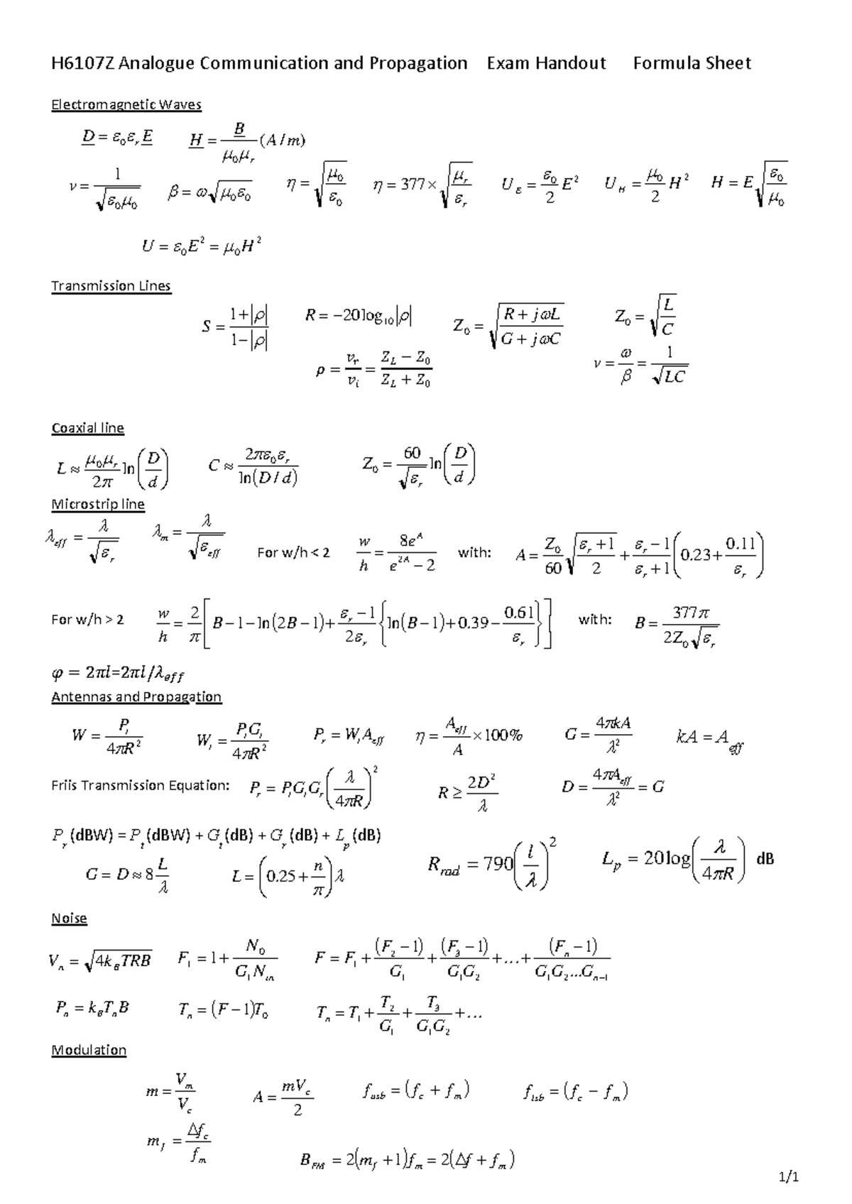 Formula Sheet - H6107Z Analogue Communication and Propagation Exam ...