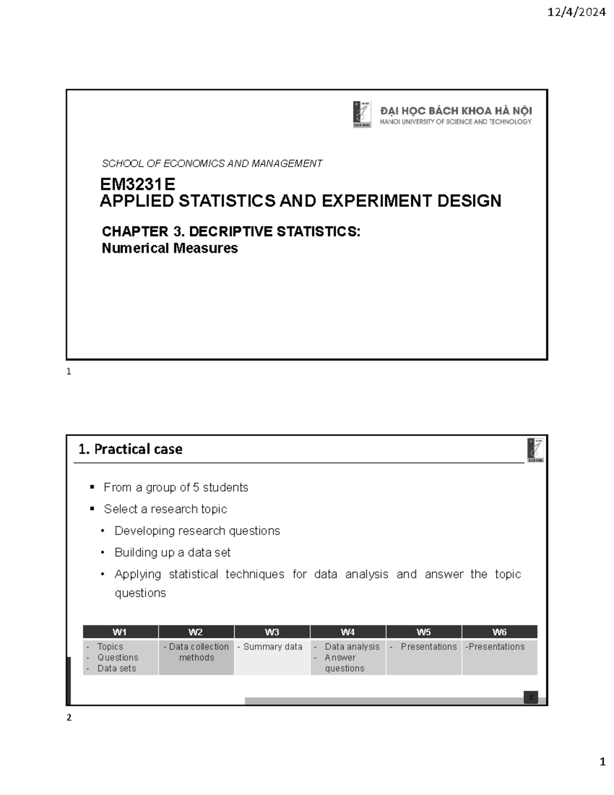 EM3231E Applied Statistics & Experiment Design: Chapter 3 - Descriptive ...