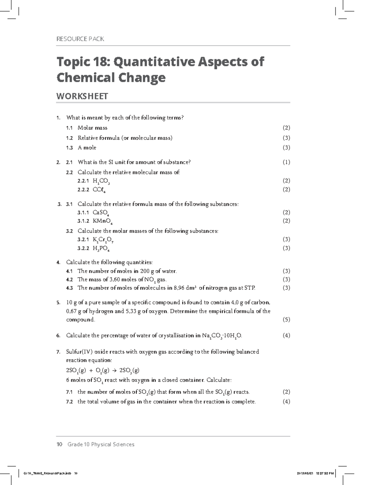Gr 10 Term 3 Physical Sciences Resource Pack: Quantitative Aspects ...