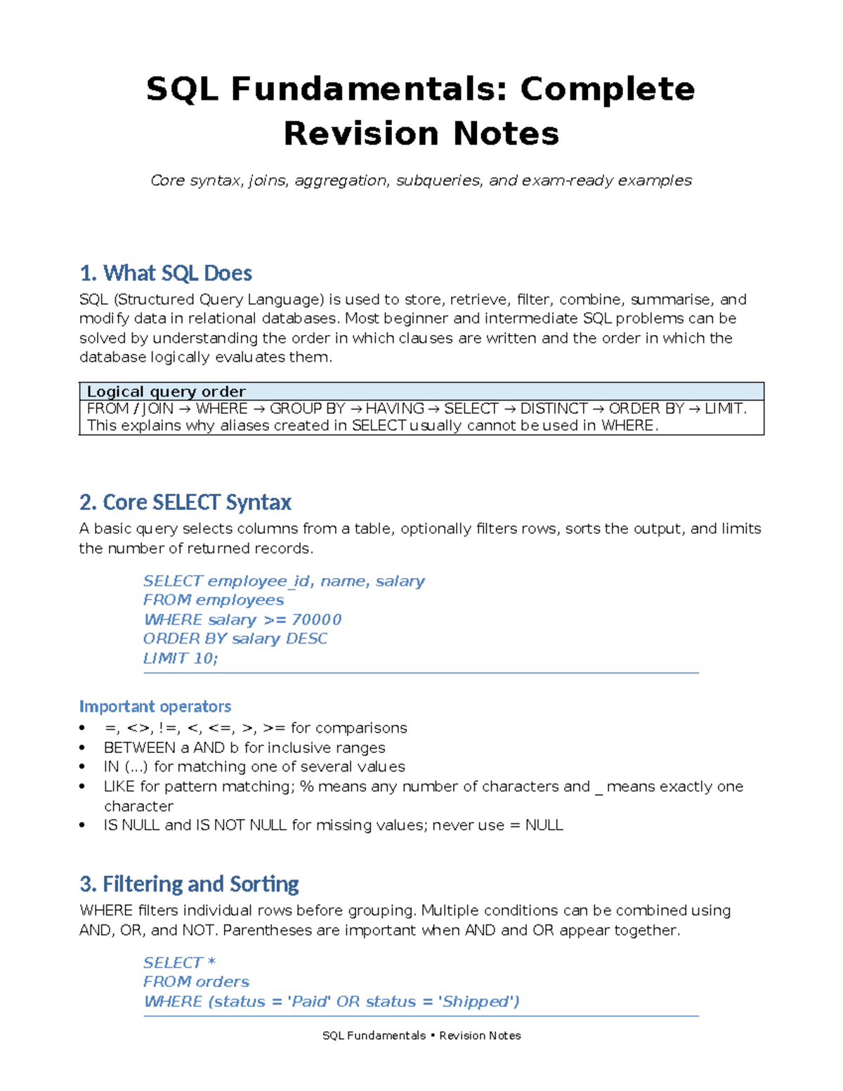 SQL Fundamentals: Comprehensive Revision Notes on Syntax, Joins, and ...