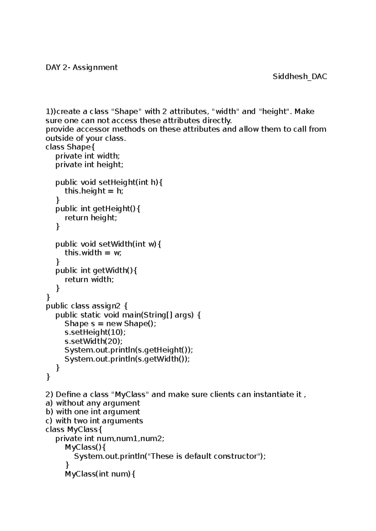 Day 2 Assignment: Class Design and Access Modifiers (DAC) - Studocu