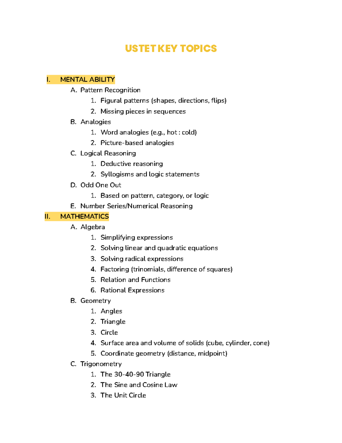 USTET KEY TOPICS: Mental Ability, Math, English & Science Overview ...