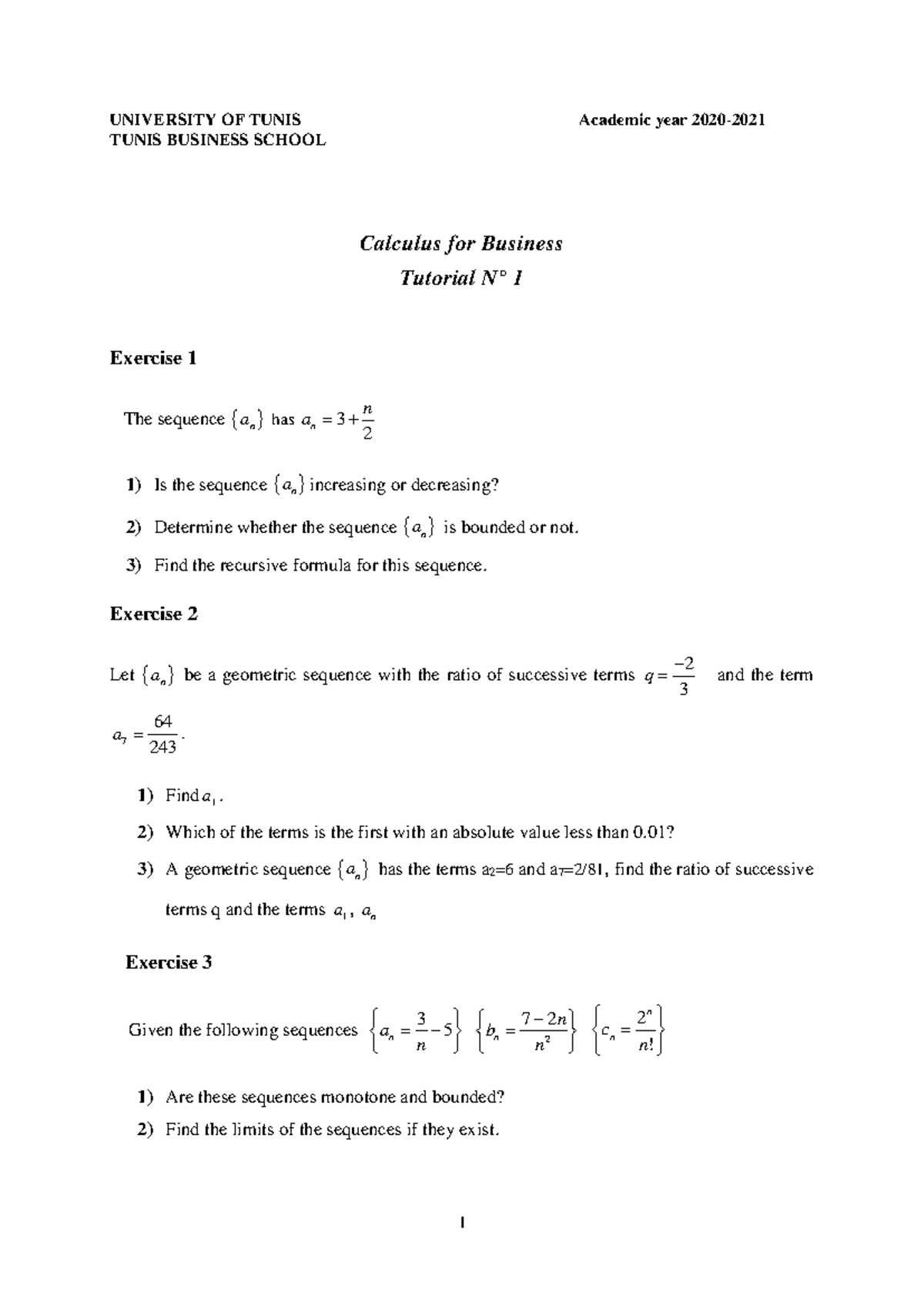 Calculus for Business (BUS 101) Tutorial 1 Exercises and Solutions ...