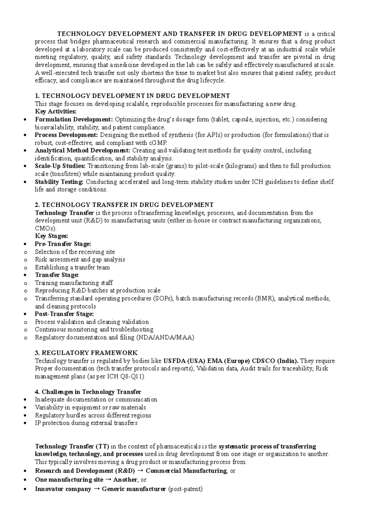 TECHNOLOGY DEVELOPMENT & TRANSFER IN DRUG DEV. (INDUSTRIAL PHARMACY 2 ...