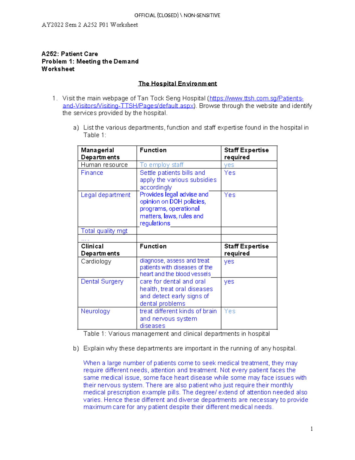 A252 Sem 2 Patient Care Worksheet: Understanding Hospital Departments ...
