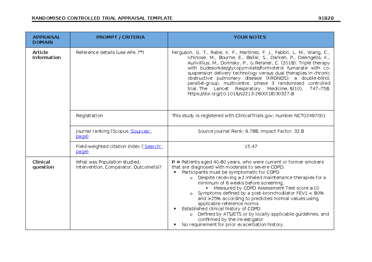 RCT Appraisal Template for COPD Study 91828: KRONOS Trial Insights ...