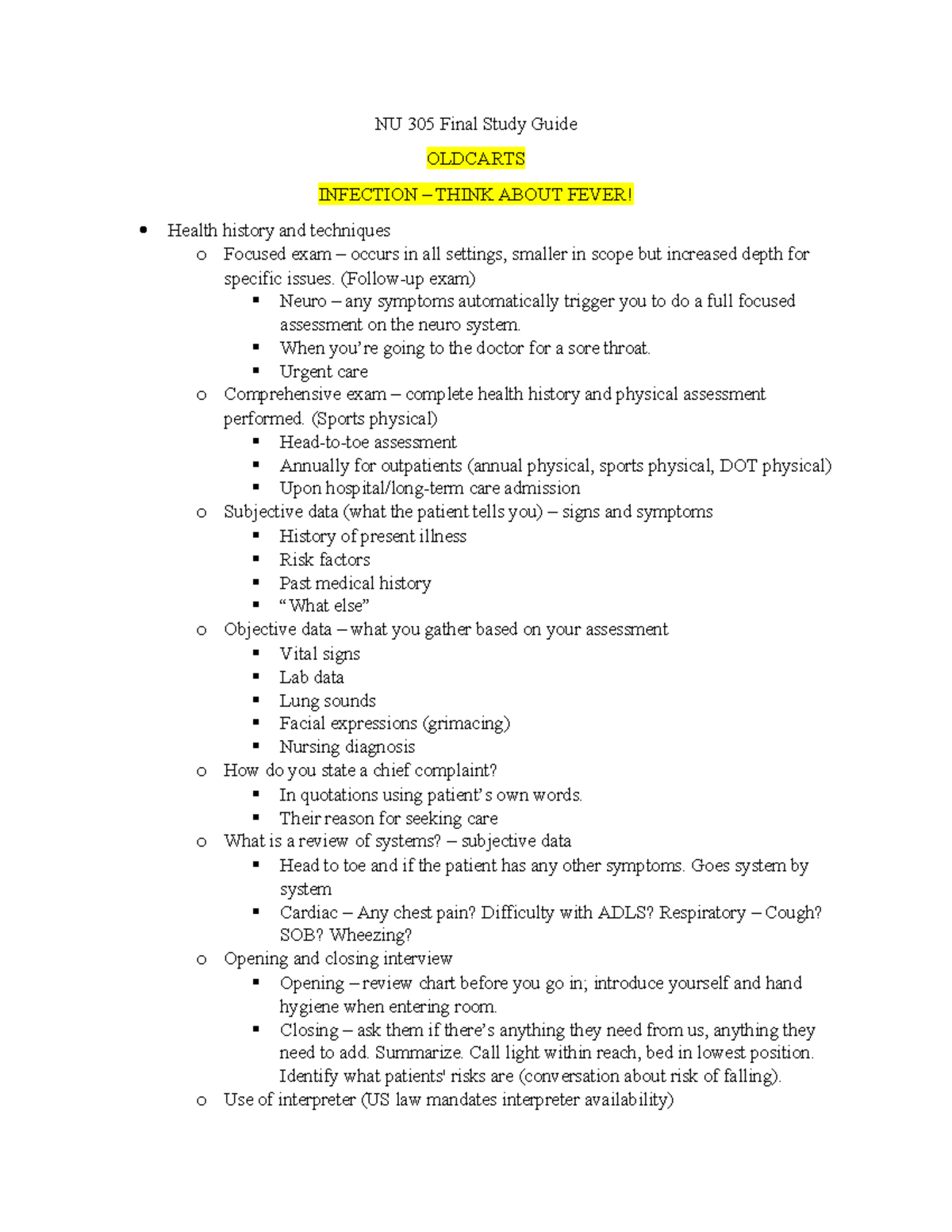 NU 305 Final Exam Comprehensive Study Guide on Patient Assessment - Studocu