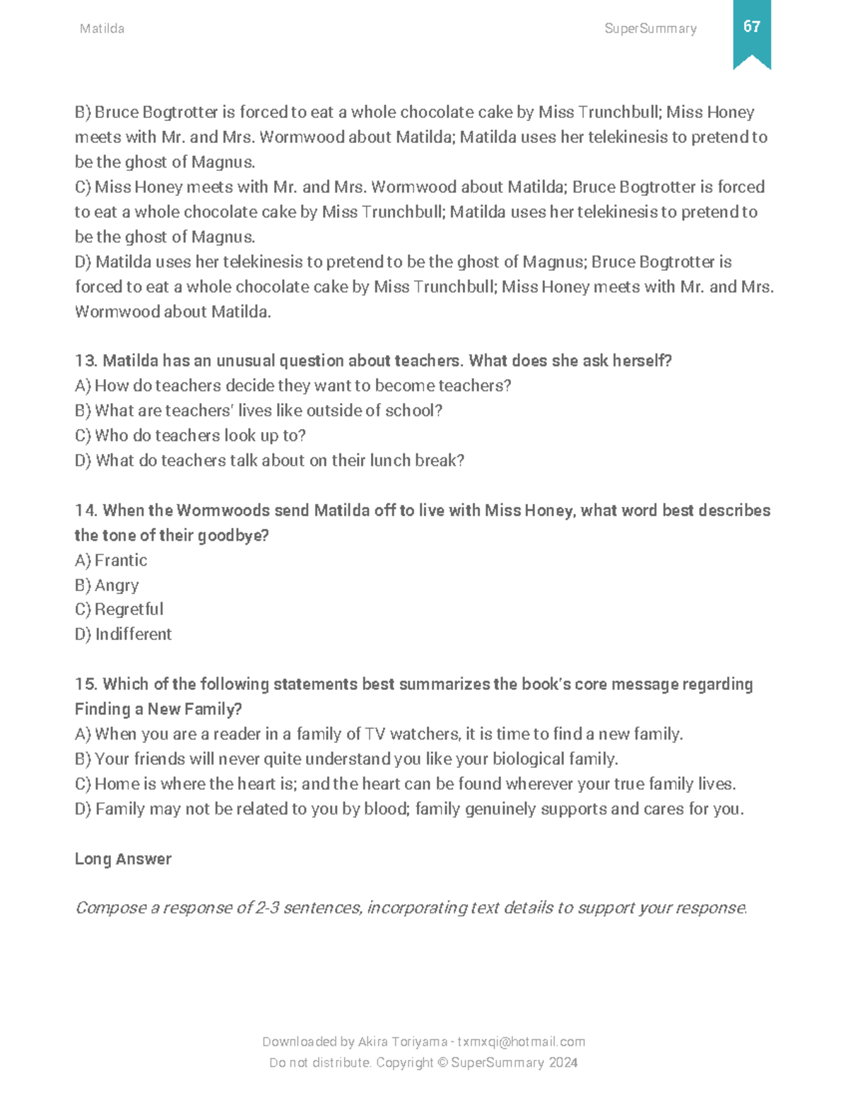 Matilda - Super Summary Study Guide 68 - B) Bruce Bogtrotter is forced ...