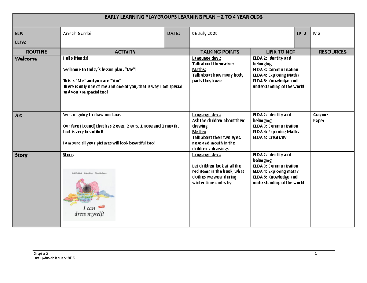 ELF Learning Plan: Playgroup Activities for 2-4 Year Olds - Studocu