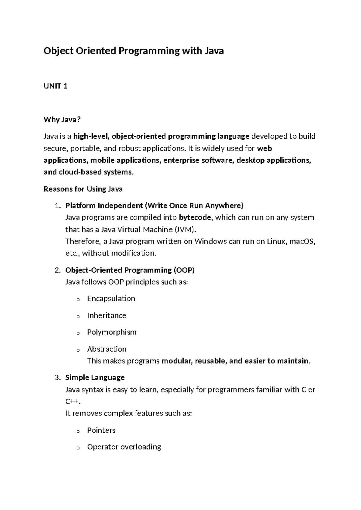 Unit 1: Java OOP Concepts and Principles - Notes - Studocu