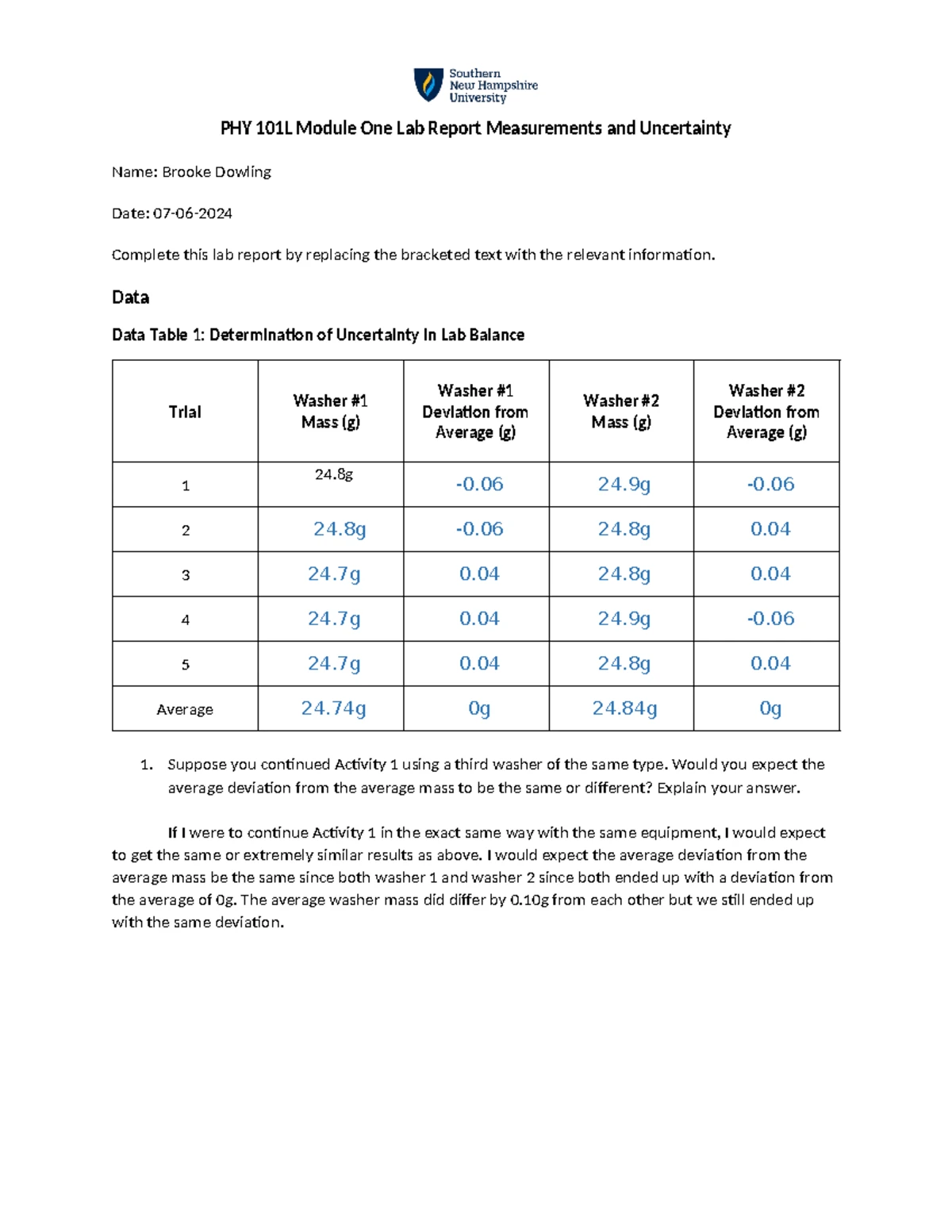 PHY 101L Module One Lab Report: Measurements and Uncertainty Analysis ...
