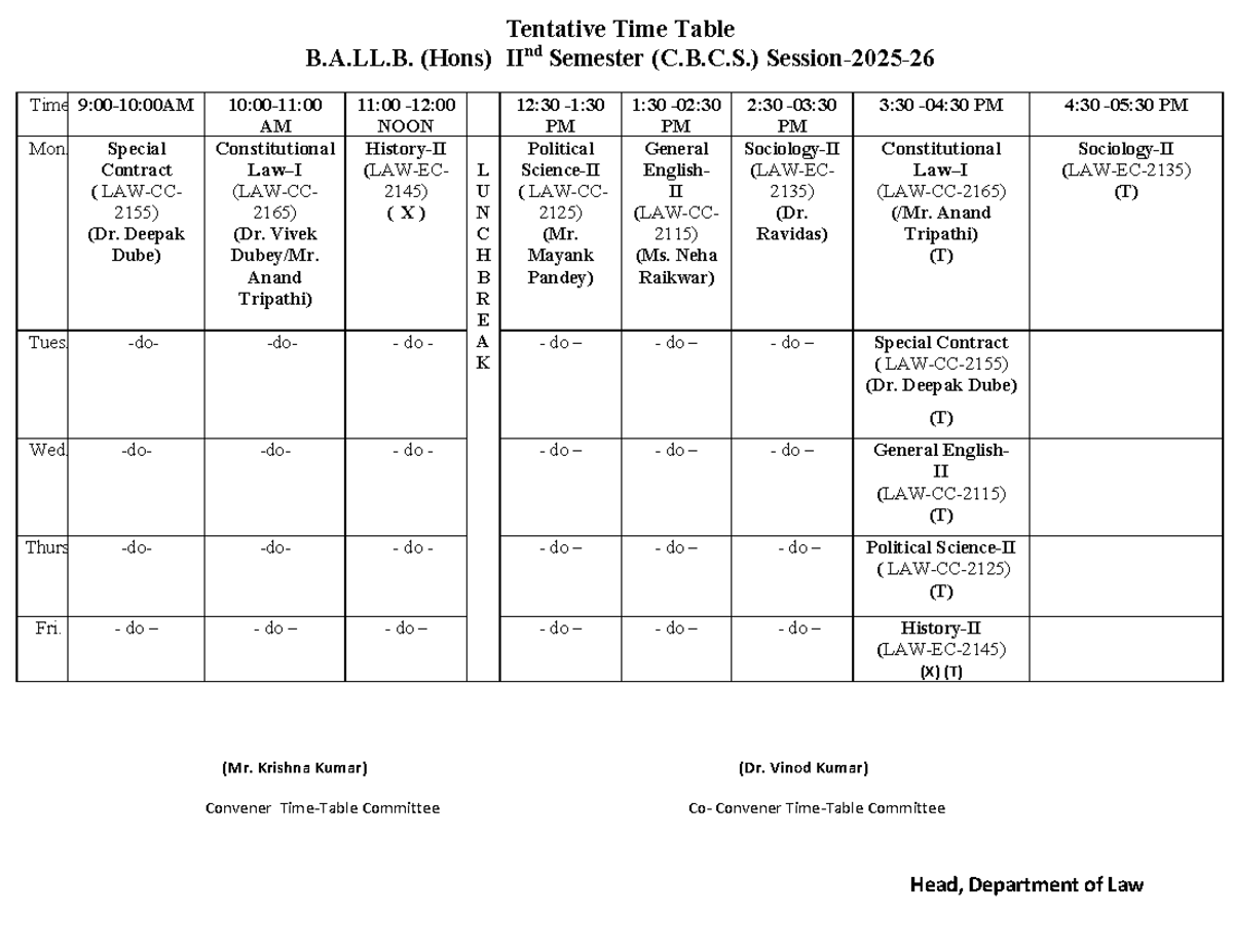 Tentative Time Table for B.A.LL.B. (Hons) IInd to Xth Semesters (C.B.C ...