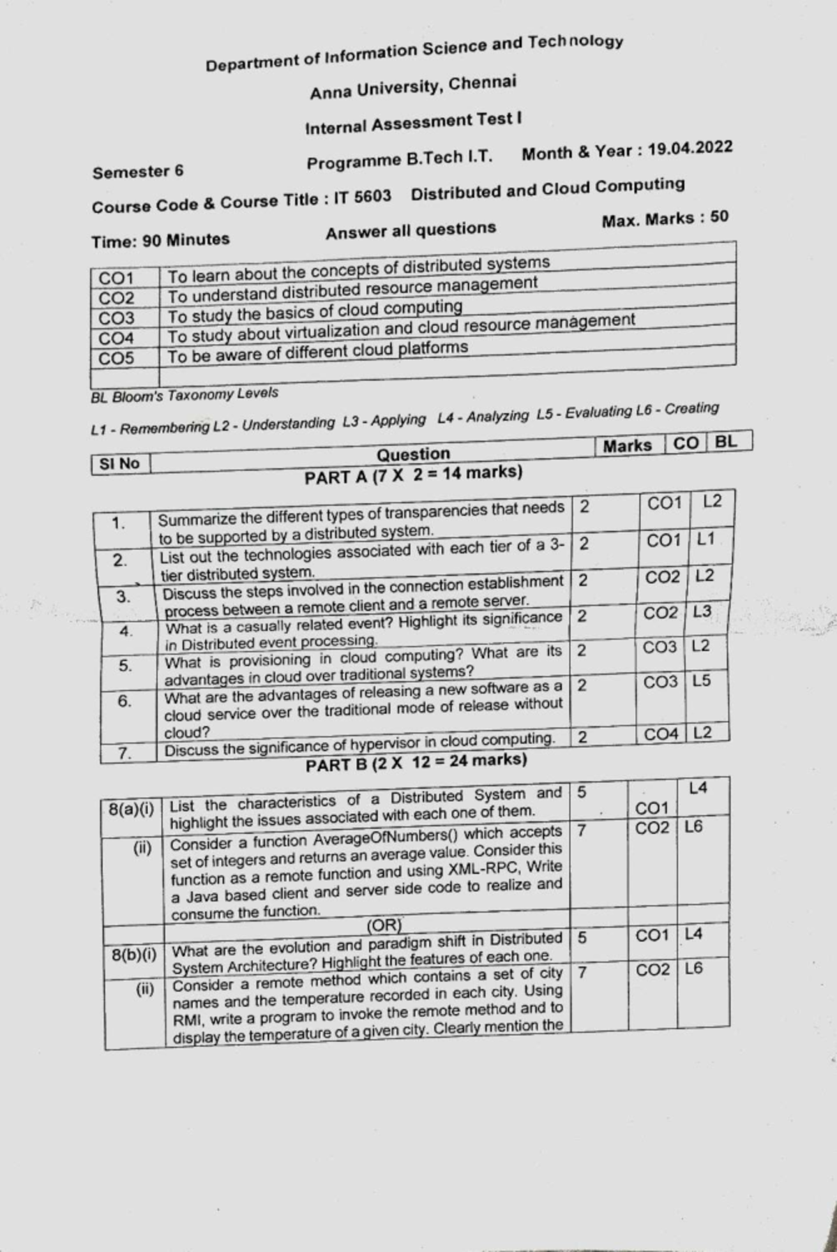 IT5603 Distributed and Cloud Computing Internal Assessment QPs - 6th ...
